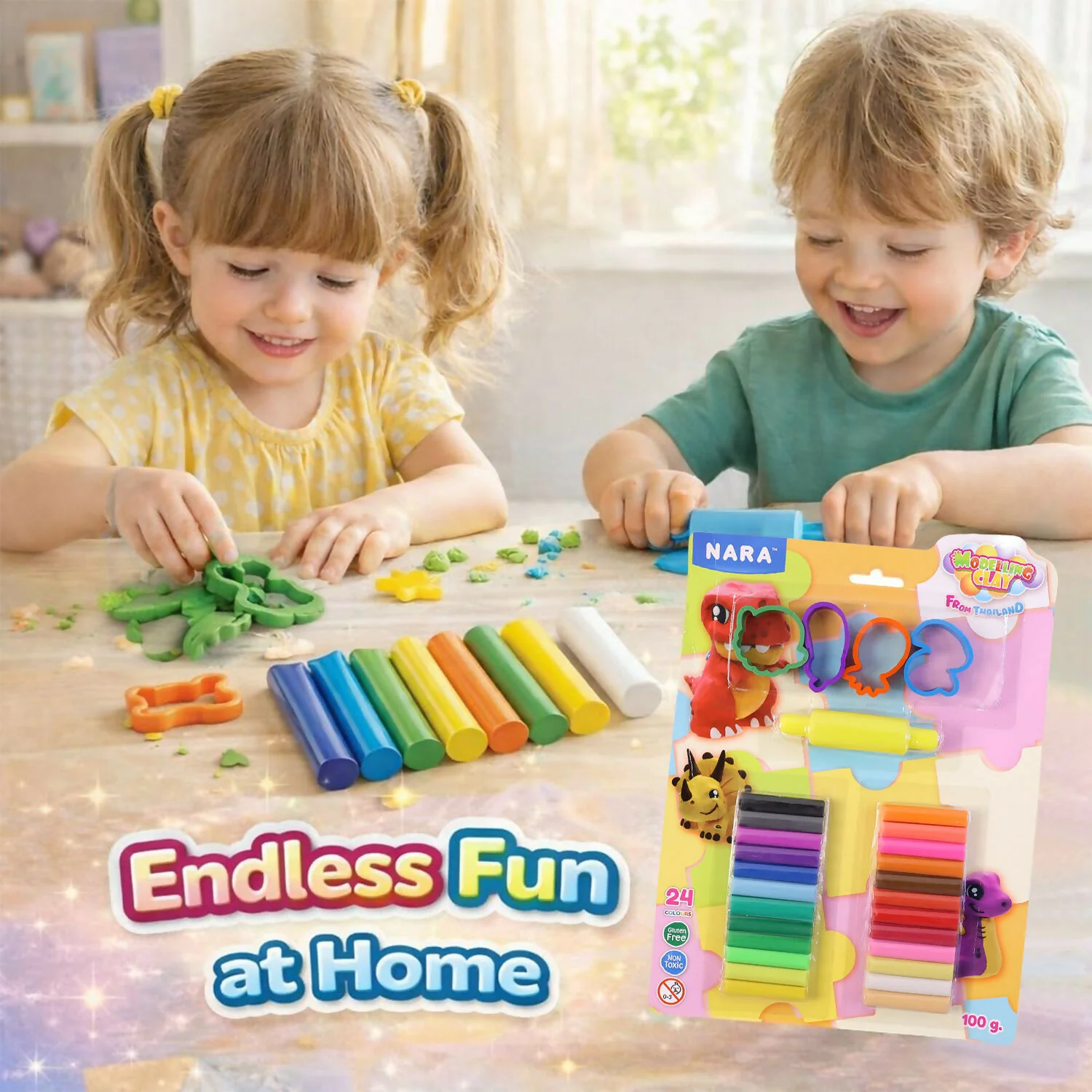 NARA Kids Creative Modelling Clay Set 24 Colors with Moulds & Roller Educational DIY Art & Craft Play Dough Kit (100Gm) - Image 4