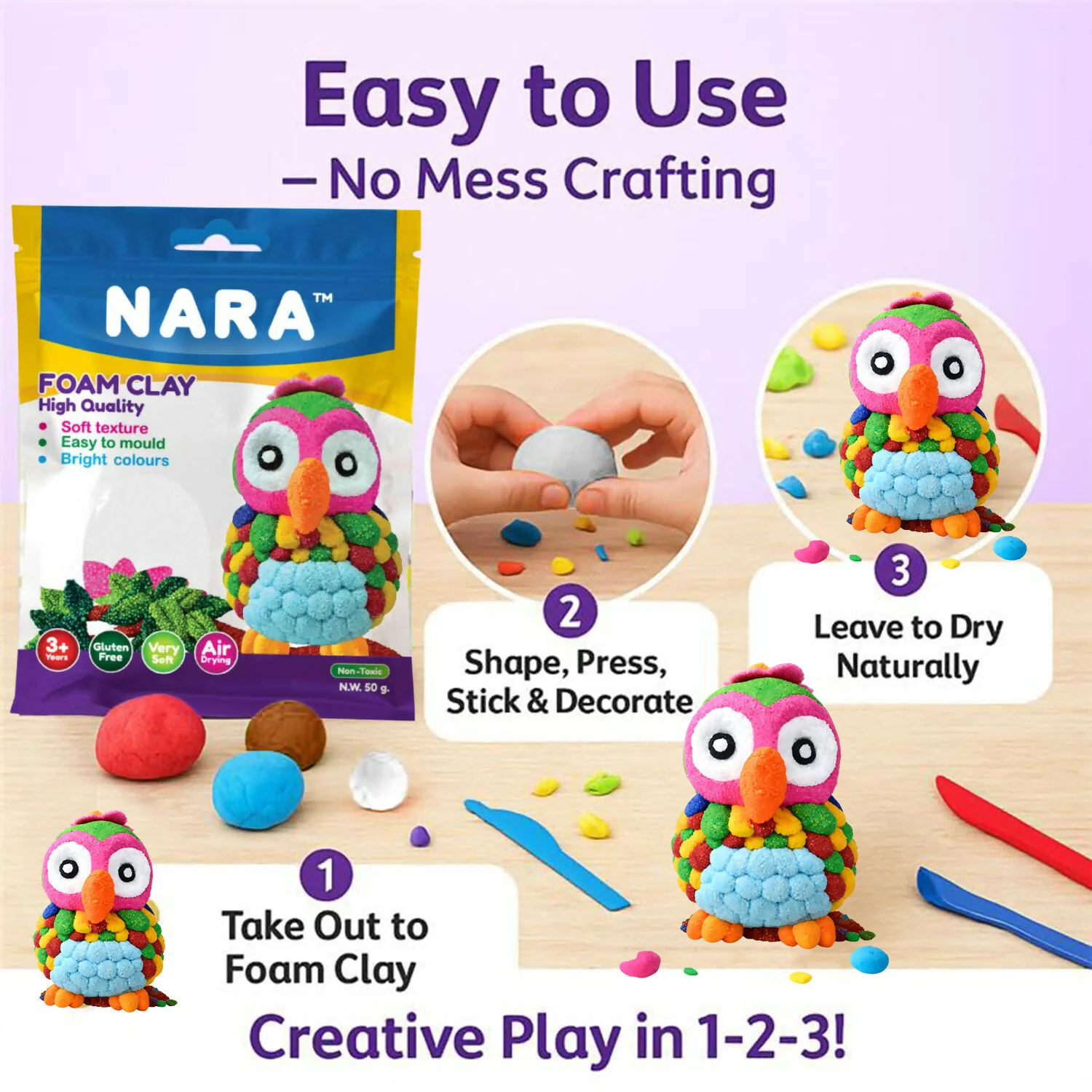 NARA Soft Foam Modelling Clay, Air Dry Non-Toxic DIY Creative Craft Clay for Kids Art (50Gm) - Image 2