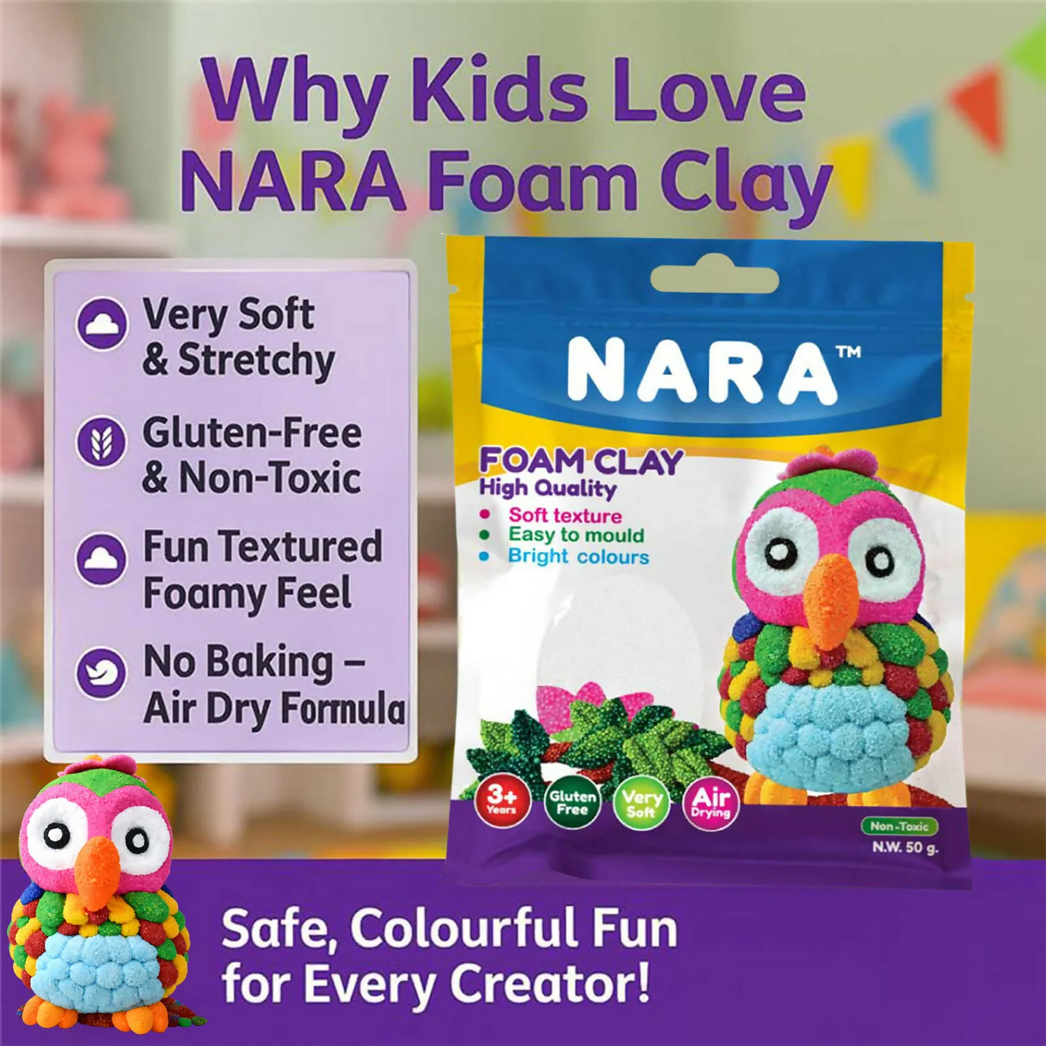 NARA Soft Foam Modelling Clay, Air Dry Non-Toxic DIY Creative Craft Clay for Kids Art (50Gm) - Image 3