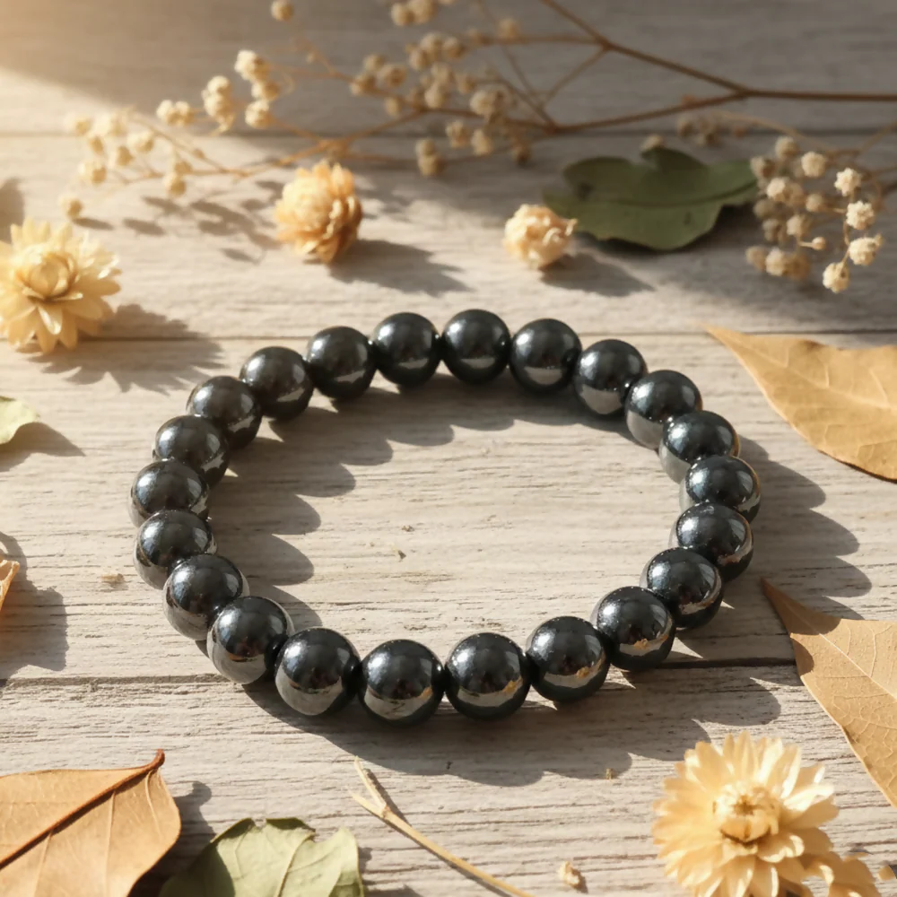 Natural Black Hematite Round Shape Beads Bracelet - Image 2