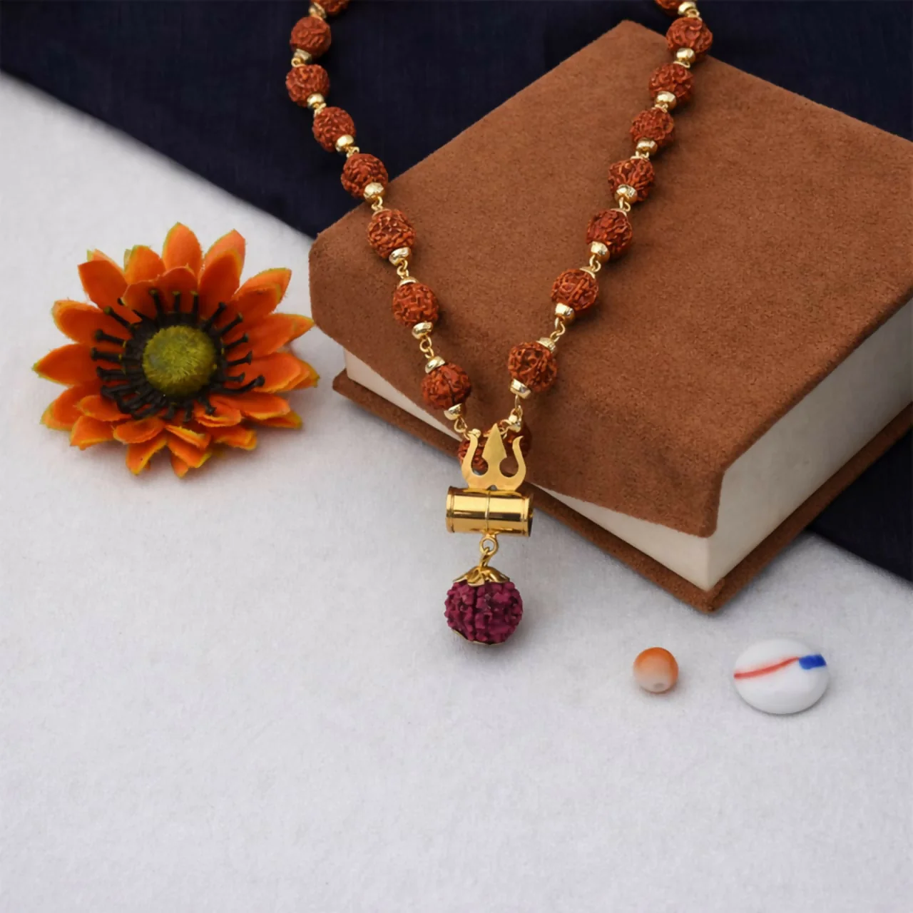 Natural 0riginal Rudraksha Bead Necklace with Trishul Pendant Spiritual Mala for Men - Image 2