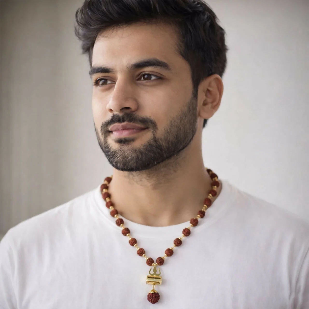 Natural 0riginal Rudraksha Bead Necklace with Trishul Pendant Spiritual Mala for Men - Image 4