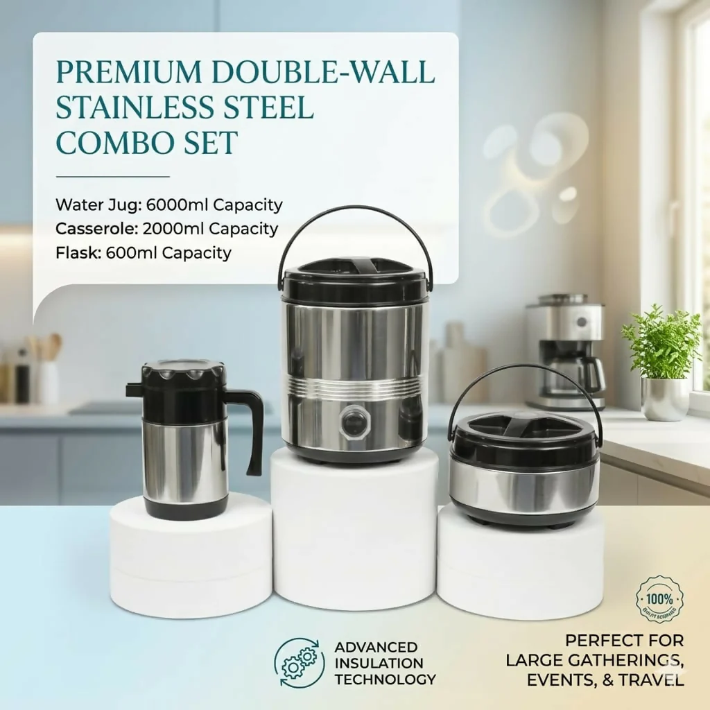 Nilkanth 3-Piece Stainless Steel Combo Set | Insulated Water Jug, Hot-Pot & Flask Set - Image 2
