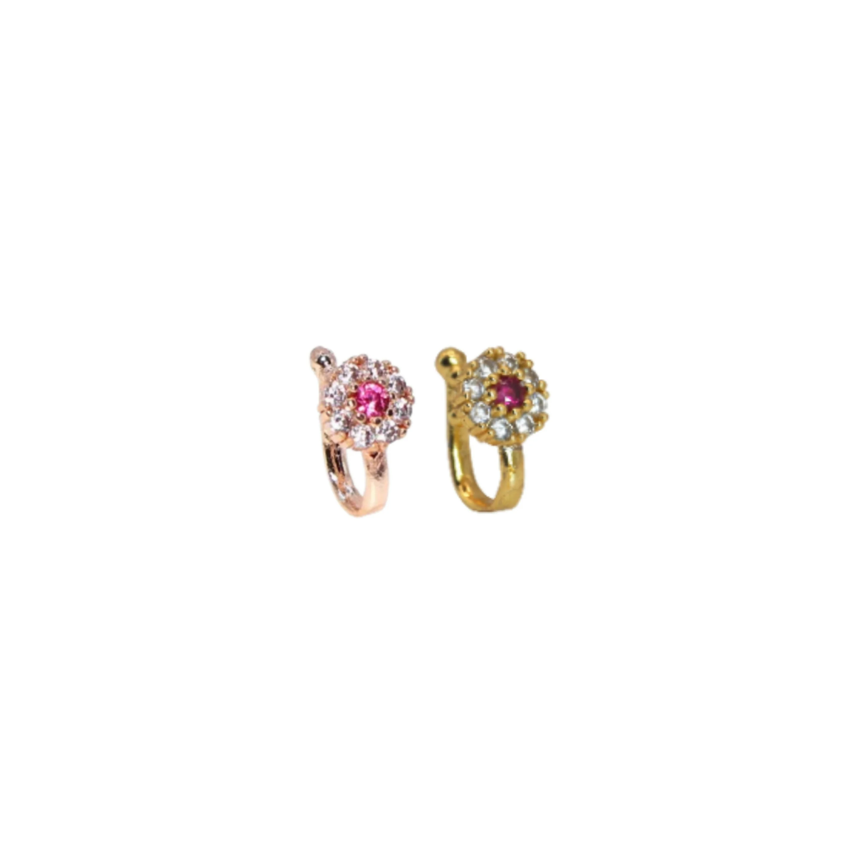 Non-Piercing Floral Nose Ring/Nath Set Rose Gold Pink Stone Combo Pack of 2 - Image 2