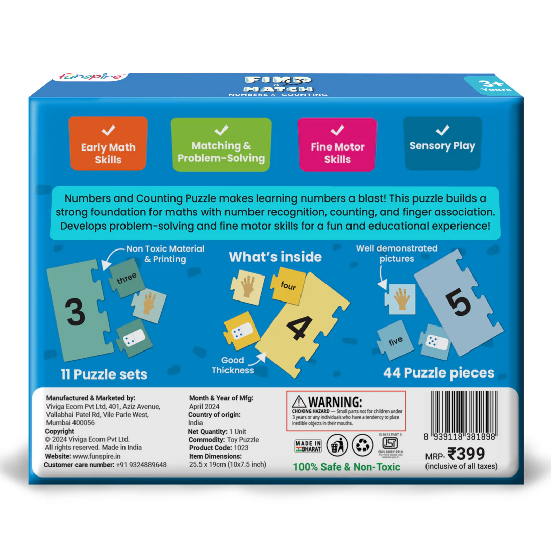 Numbers & Counting Puzzle - Ages 3+ (44 cardboard puzzle pieces) Find & Match series - Image 8