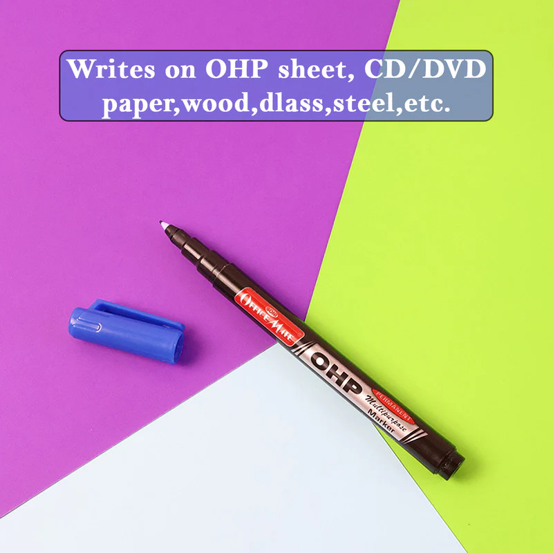 Officemate OHP/CD DVD Blue Marker Pen – 10 Pc Permanent Multi-Surface Writing Set - Image 2