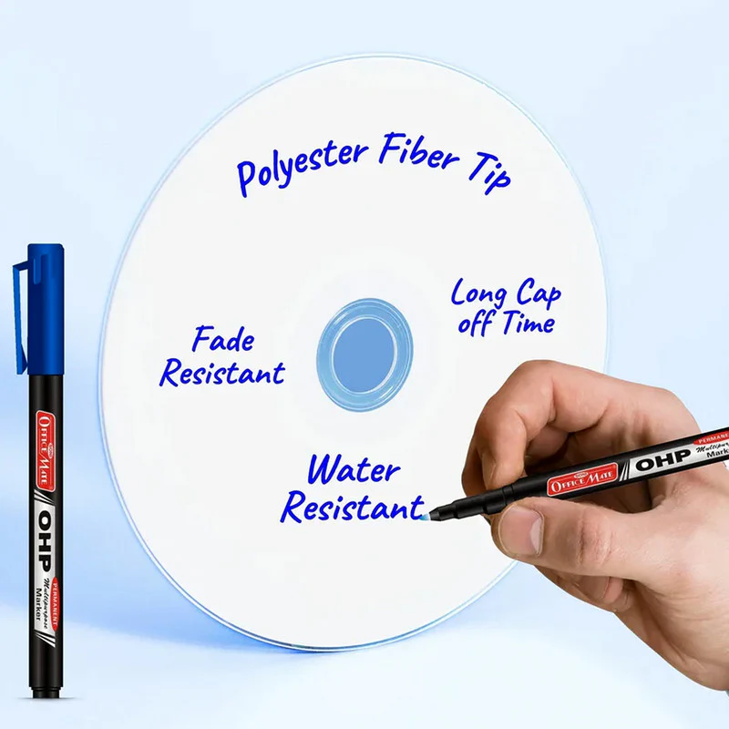 Officemate OHP/CD DVD Blue Marker Pen – 10 Pc Permanent Multi-Surface Writing Set - Image 3