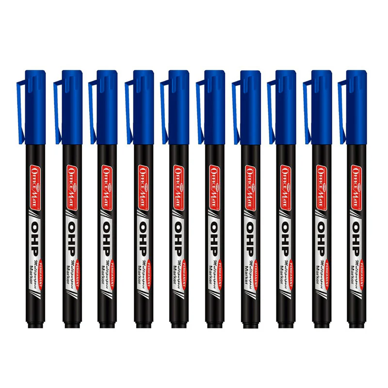 Officemate OHP/CD DVD Blue Marker Pen – 10 Pc Permanent Multi-Surface Writing Set - Image 5