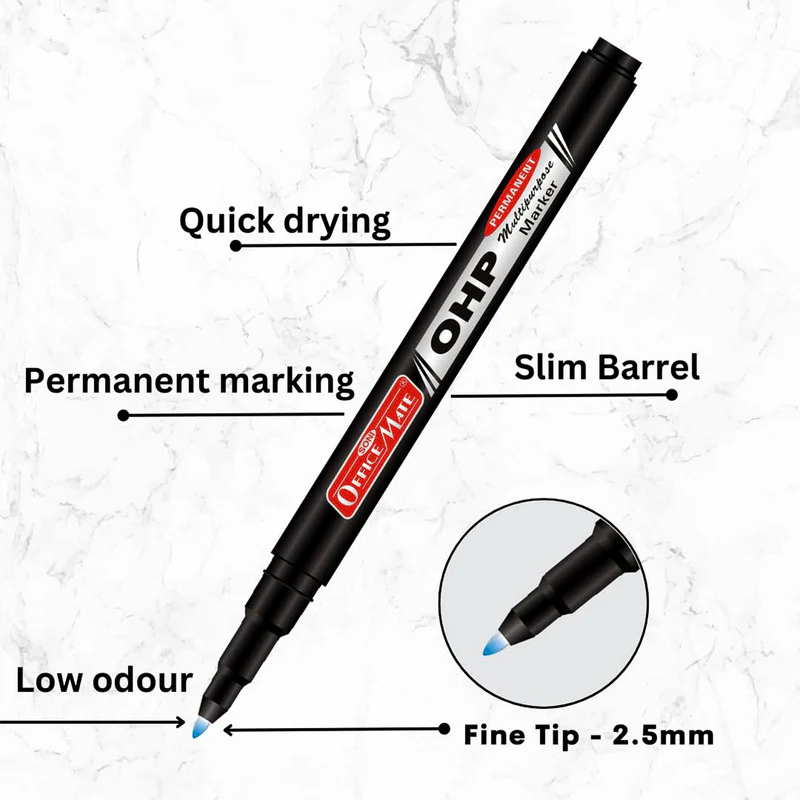 Officemate OHP/CD DVD Blue Marker Pen – 10 Pc Permanent Multi-Surface Writing Set - Image 6
