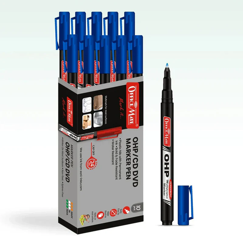 Officemate OHP/CD DVD Blue Marker Pen – 10 Pc Permanent Multi-Surface Writing Set - Image 7