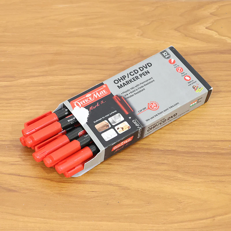 Officemate OHP/CD DVD Red Marker Pen – 10 Pc Permanent Writing Set - Image 7