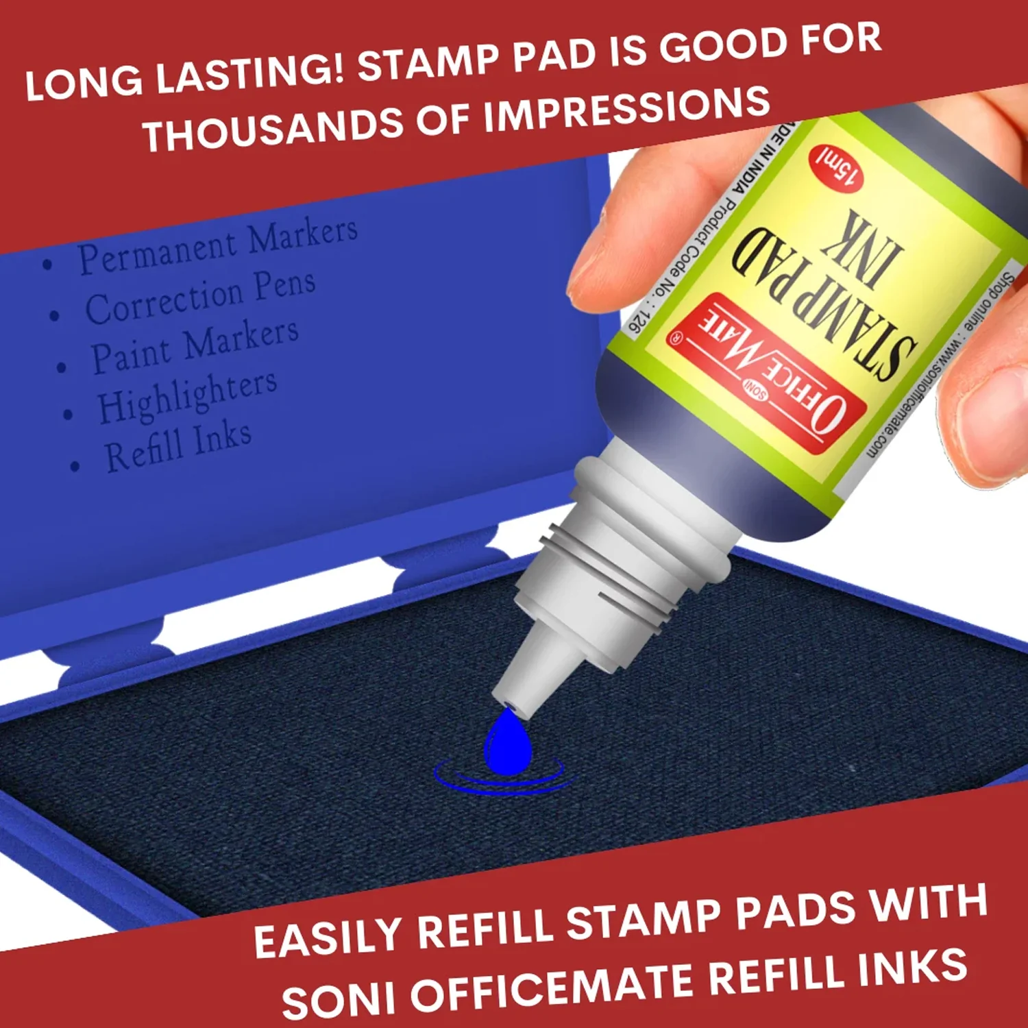 Officemate Stamp Pad Ink Blue – 15 ml Bottle | Fade-Resistant, Quick-Drying Refill - Image 5
