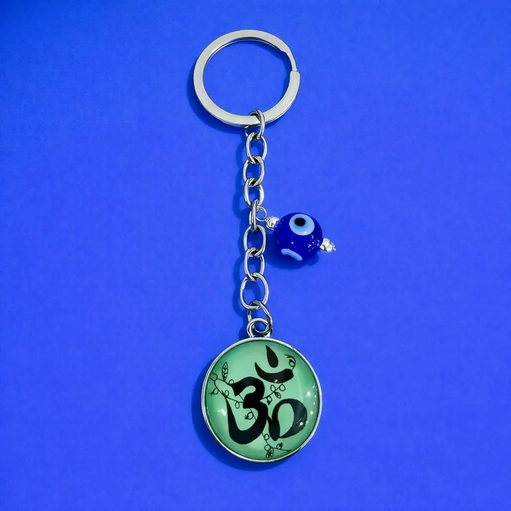 Om Symbol Keychain with Evil Eye Charm Metal Key Holder - Image 2