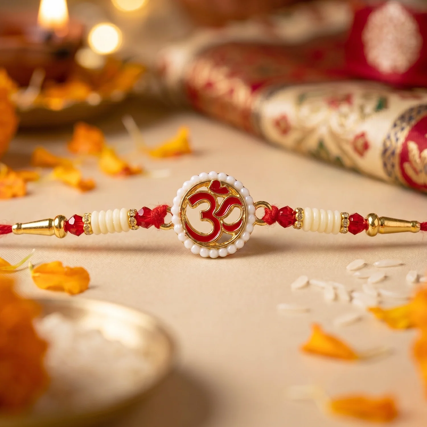 OM Symbol Pearl Frame Designer Rakhi - Image 3