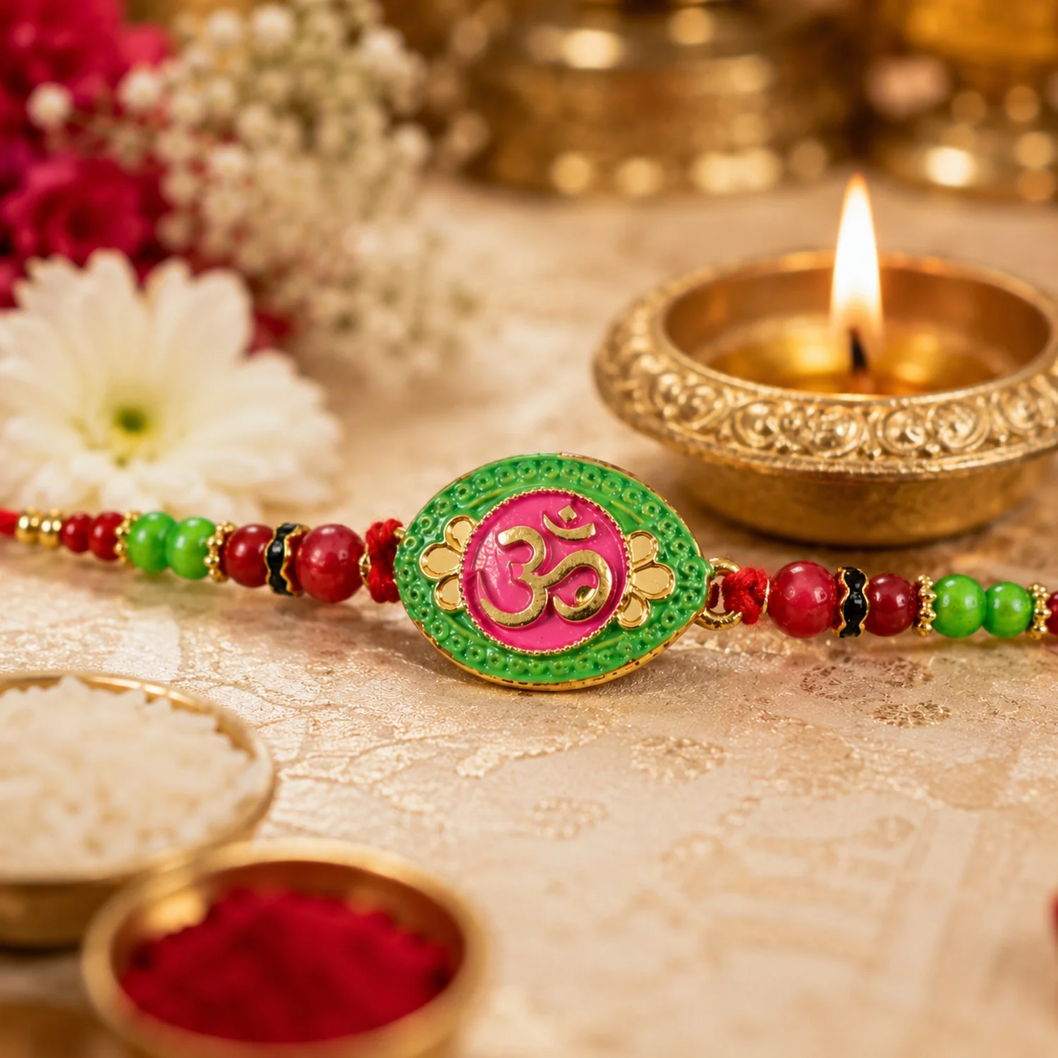 OM Symbol Pink Green Oval Designer Rakhi - Image 4