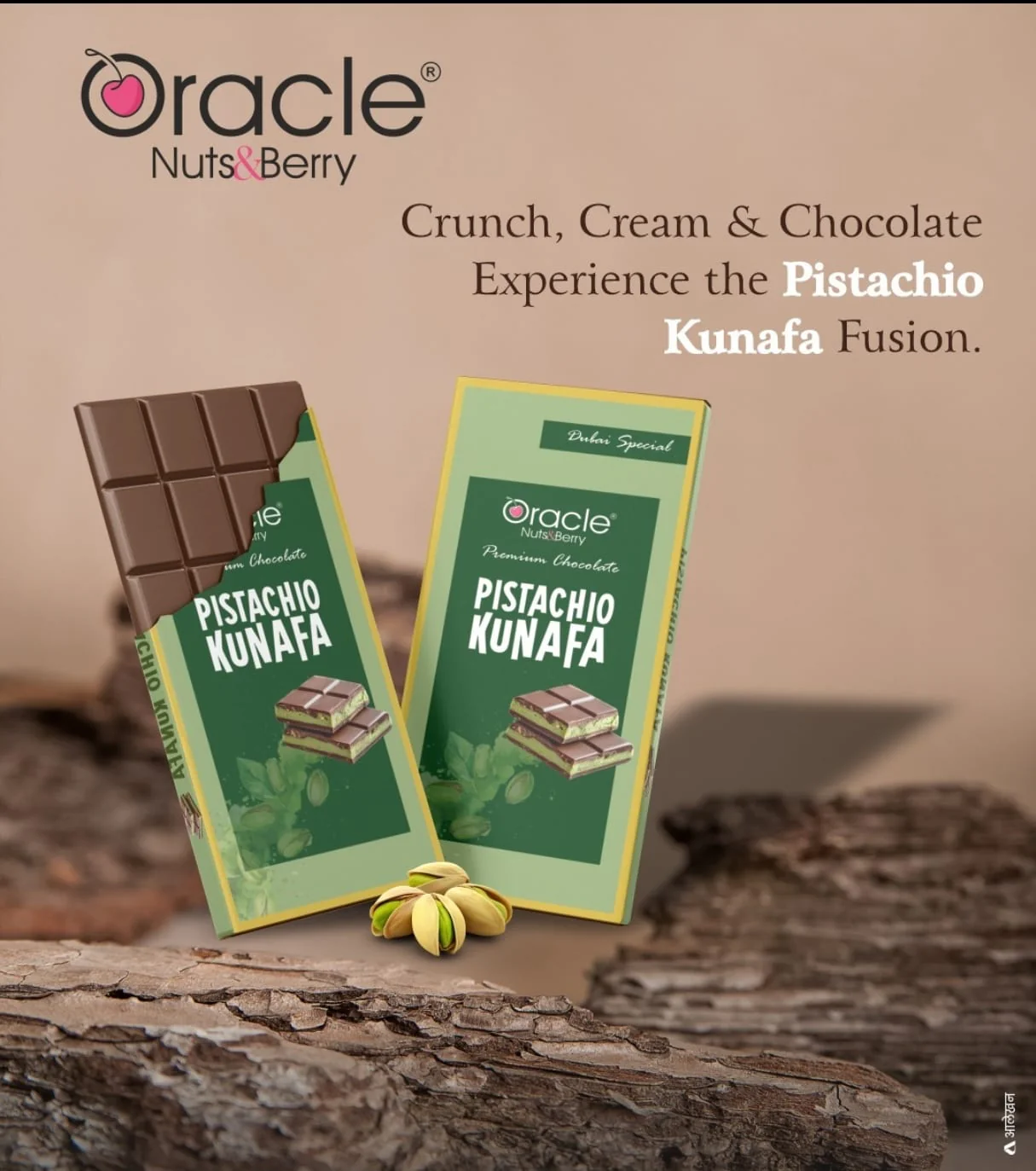 Oracle Nuts & Berry Dubai Pistachios Kunafa Bar Chocolate 100 gm - Image 3