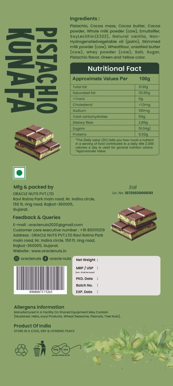 Oracle Nuts & Berry Dubai Pistachios Kunafa Bar Chocolate 100 gm - Image 6