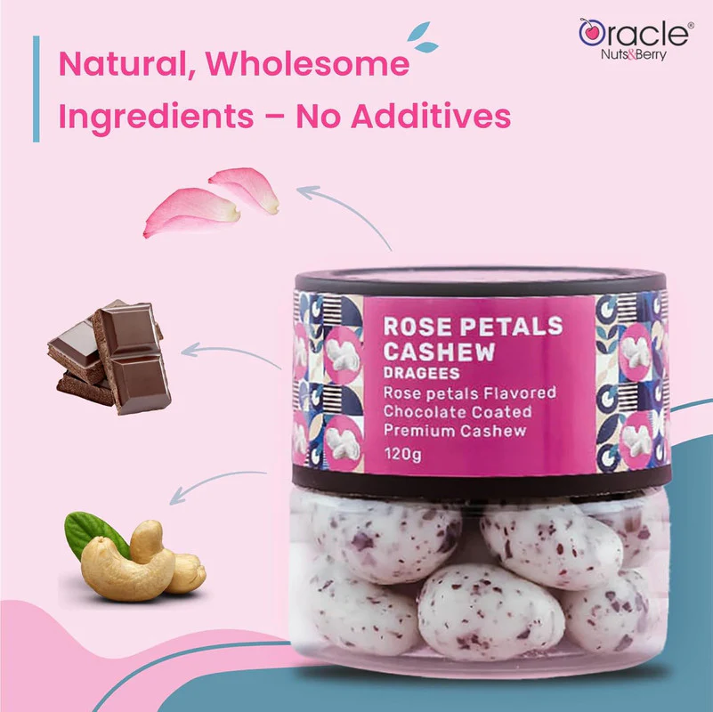 Oracle Nuts & Berry Rose Petals Cashew Dragees – Premium Choco Cashews (120gm) - Image 4