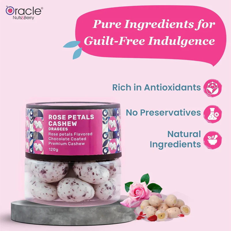 Oracle Nuts & Berry Rose Petals Cashew Dragees – Premium Choco Cashews (120gm) - Image 7
