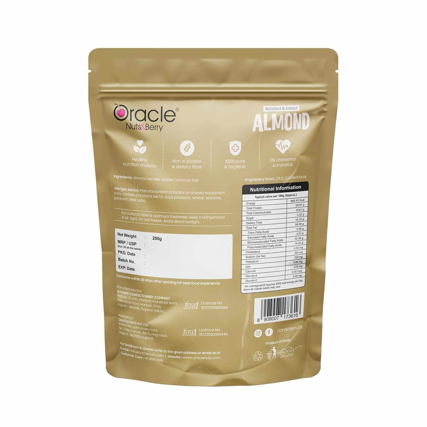 Oracle Roasted & Salted Premium Almonds Nutritious Dry Fruits Snack (200gm) - Image 4