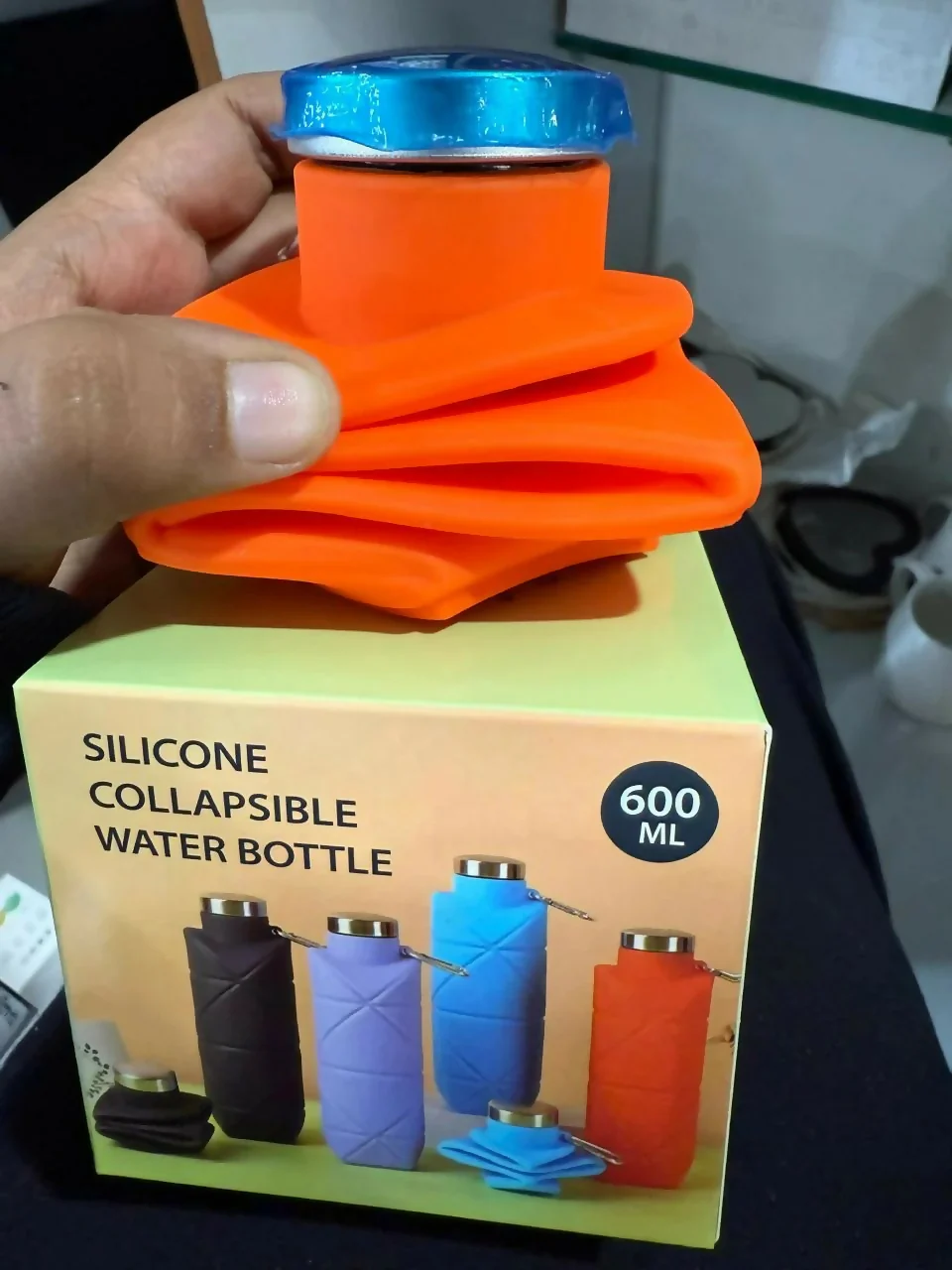 Orange Collapsible Silicone Water Bottle 600ml Leakproof Travel - Image 6