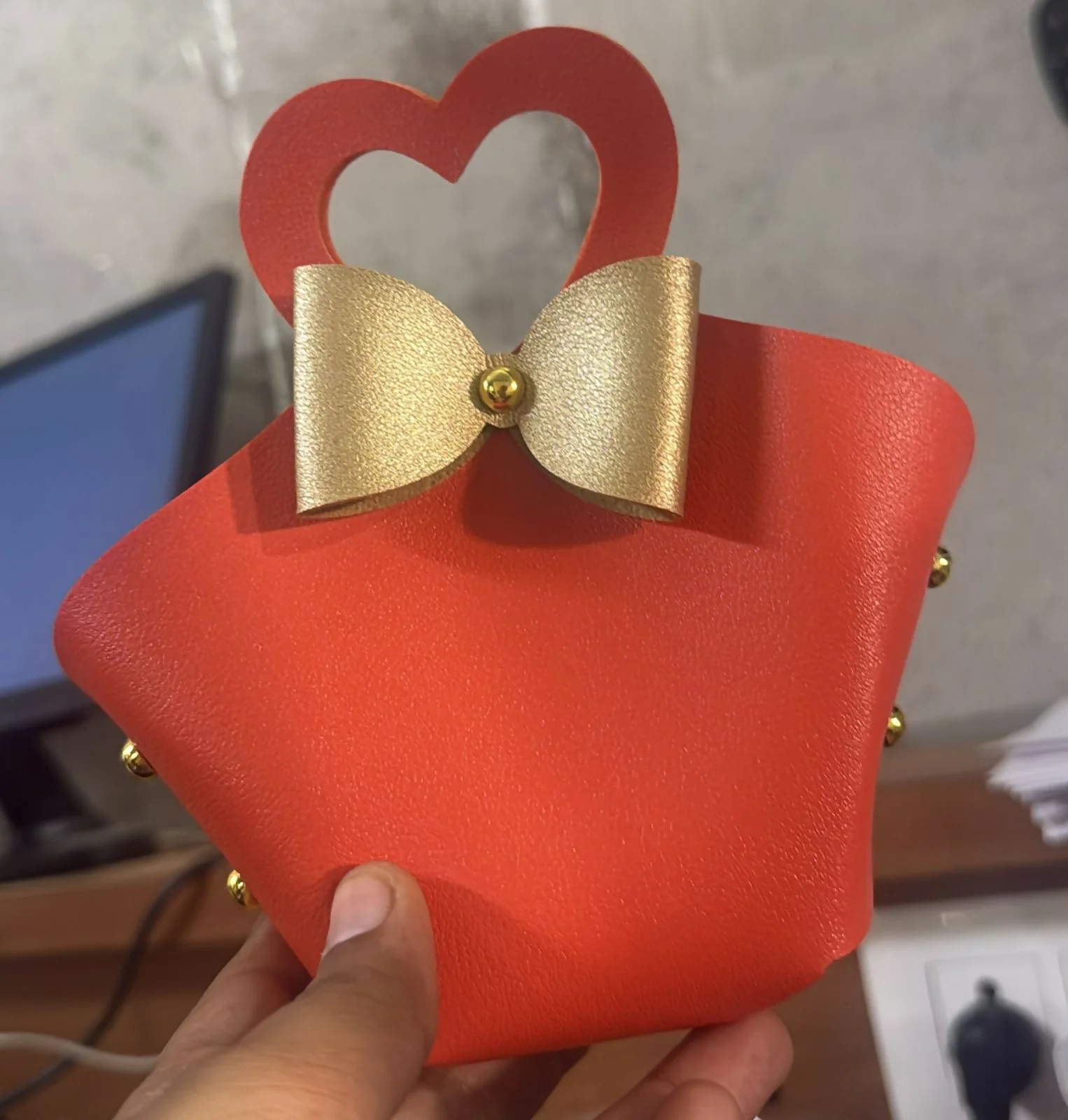 Orange Mini Cute Handbag with Heart Handle and Bow Detail - Image 6