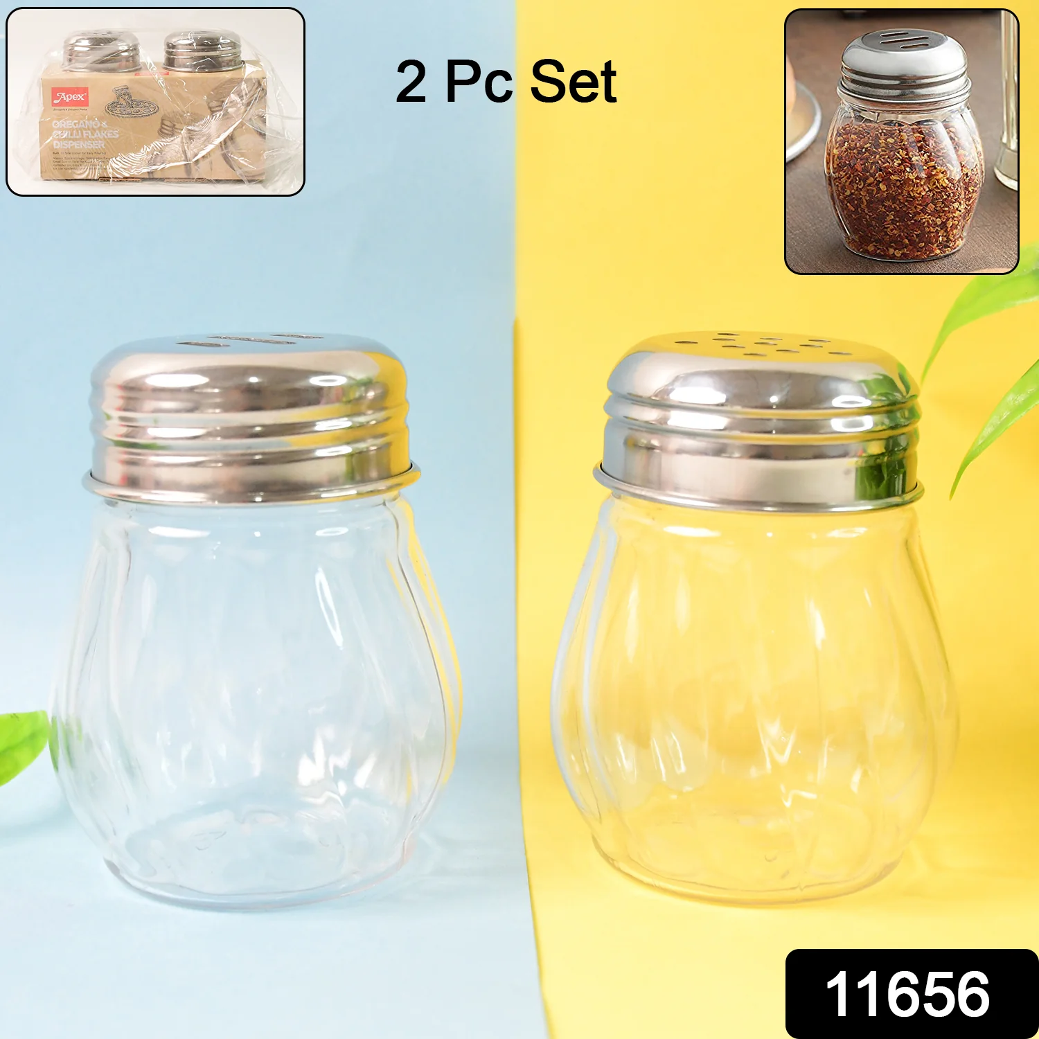 Apex Oregano & Chilli Flakes Dispenser Set 2 Pcs Plastic Spice Shaker with Steel Lid - Image 2