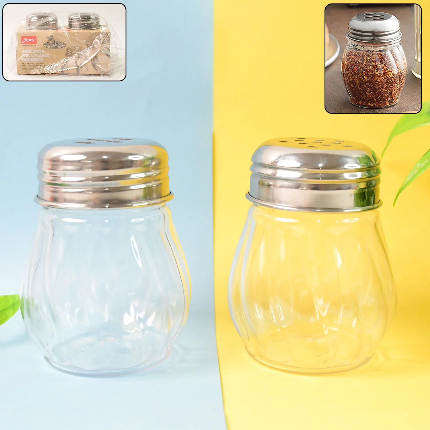 Apex Oregano & Chilli Flakes Dispenser Set 2 Pcs Plastic Spice Shaker with Steel Lid - Image 3
