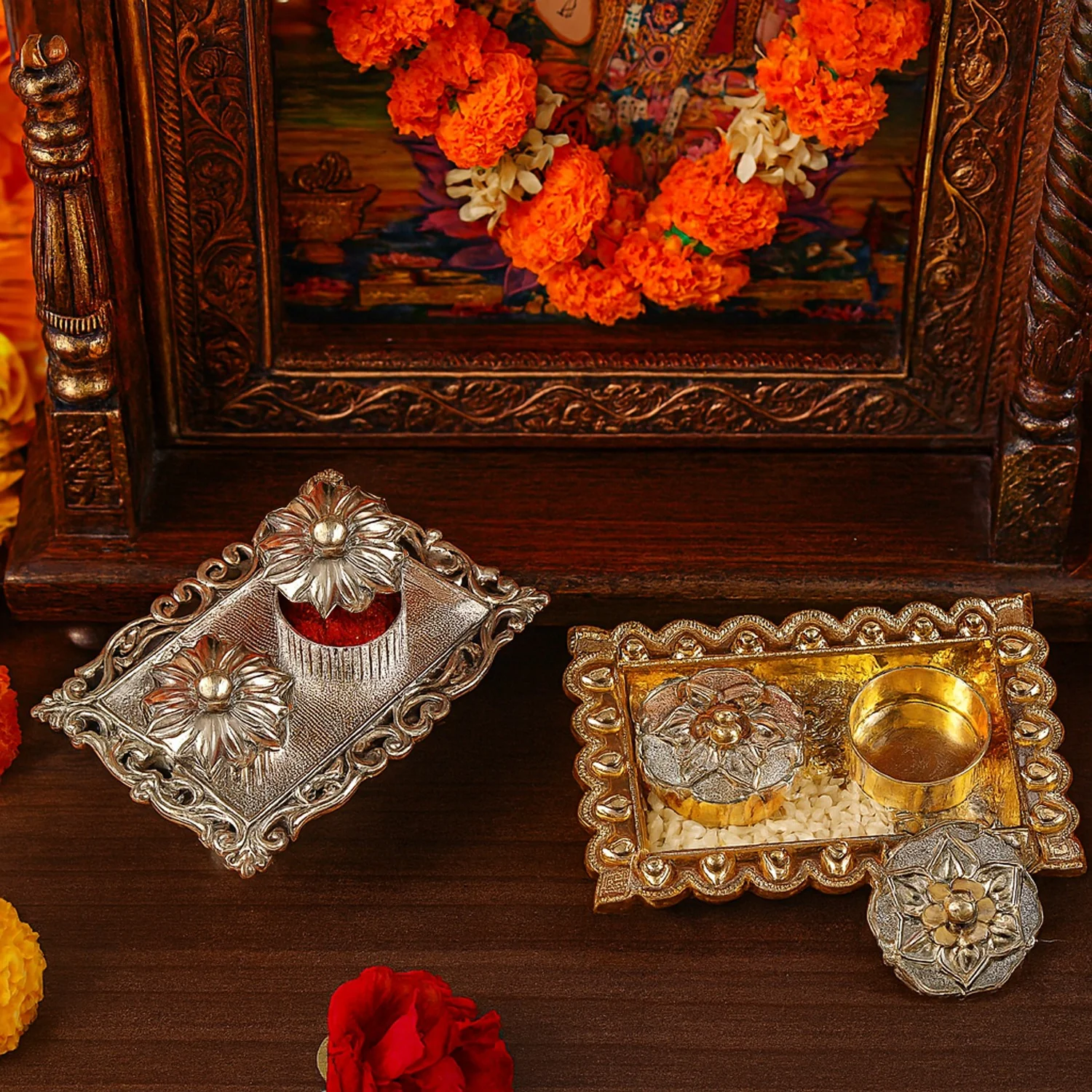 Ornate Rectangular Pooja Thali Tray - (1 Pc) - Image 6