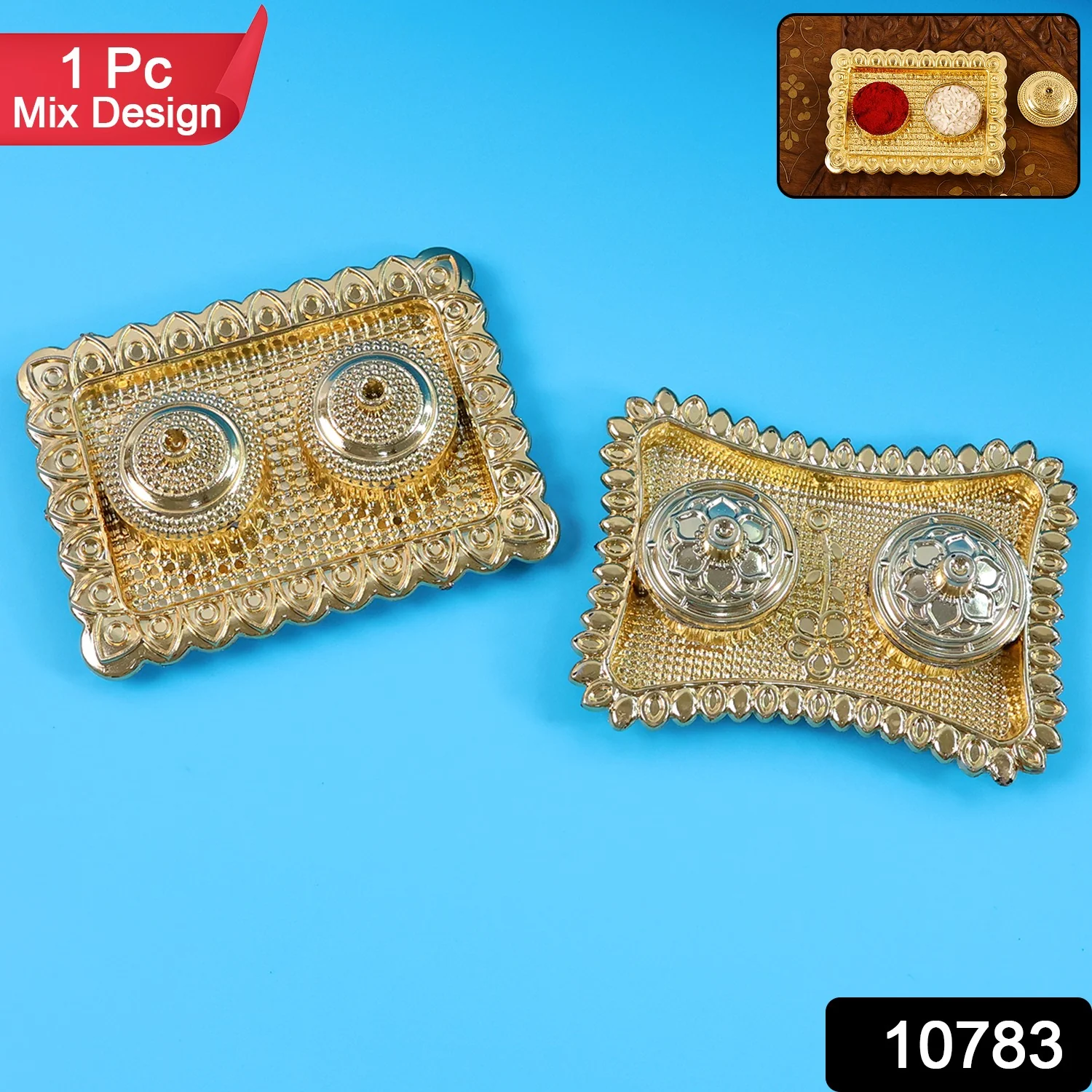 Ornate Rectangular Pooja Tilak Plate - (Mix Design / 1 Pc) - Image 2