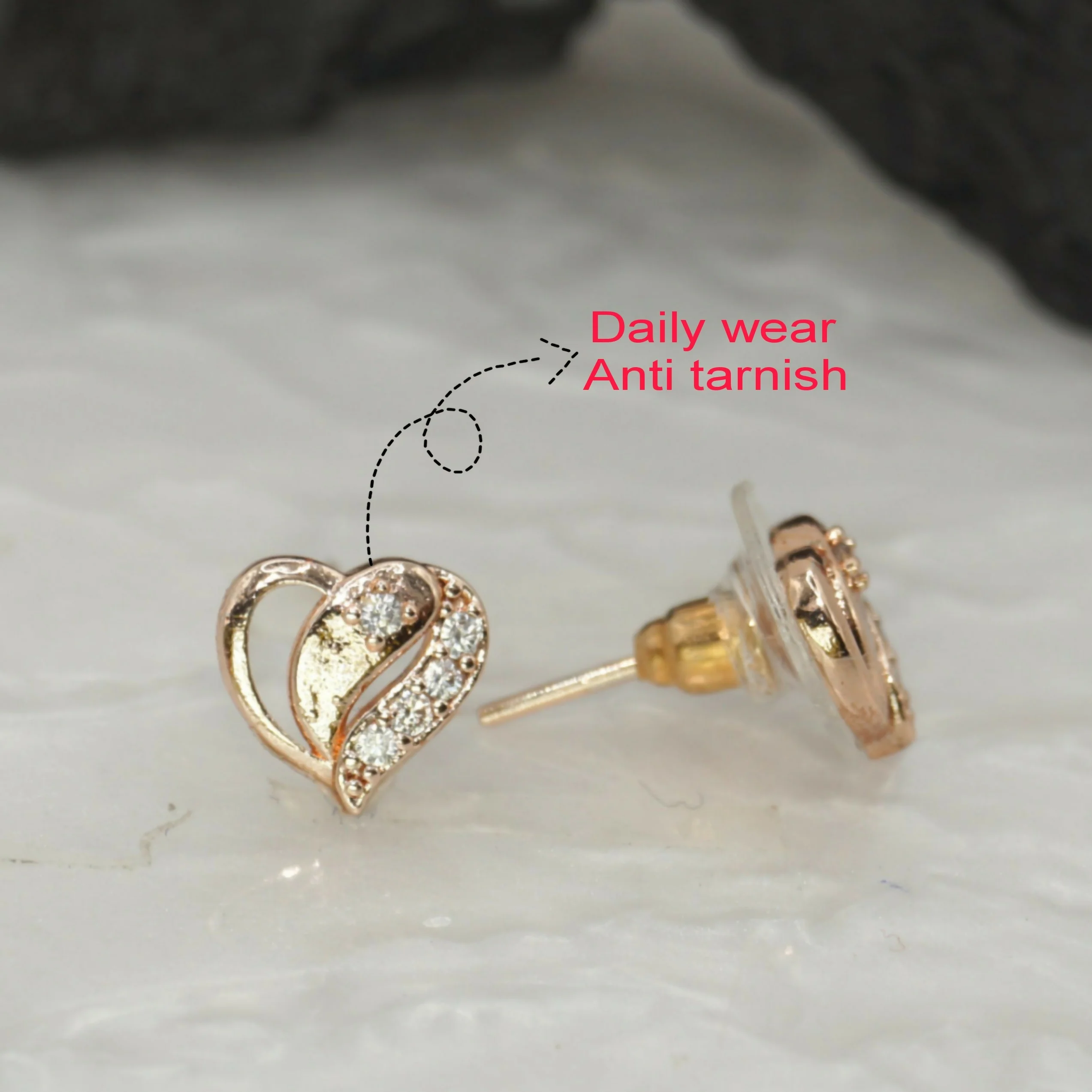 ose Gold Plated Heart & Diamond Stud Earrings for women and girls - Image 2
