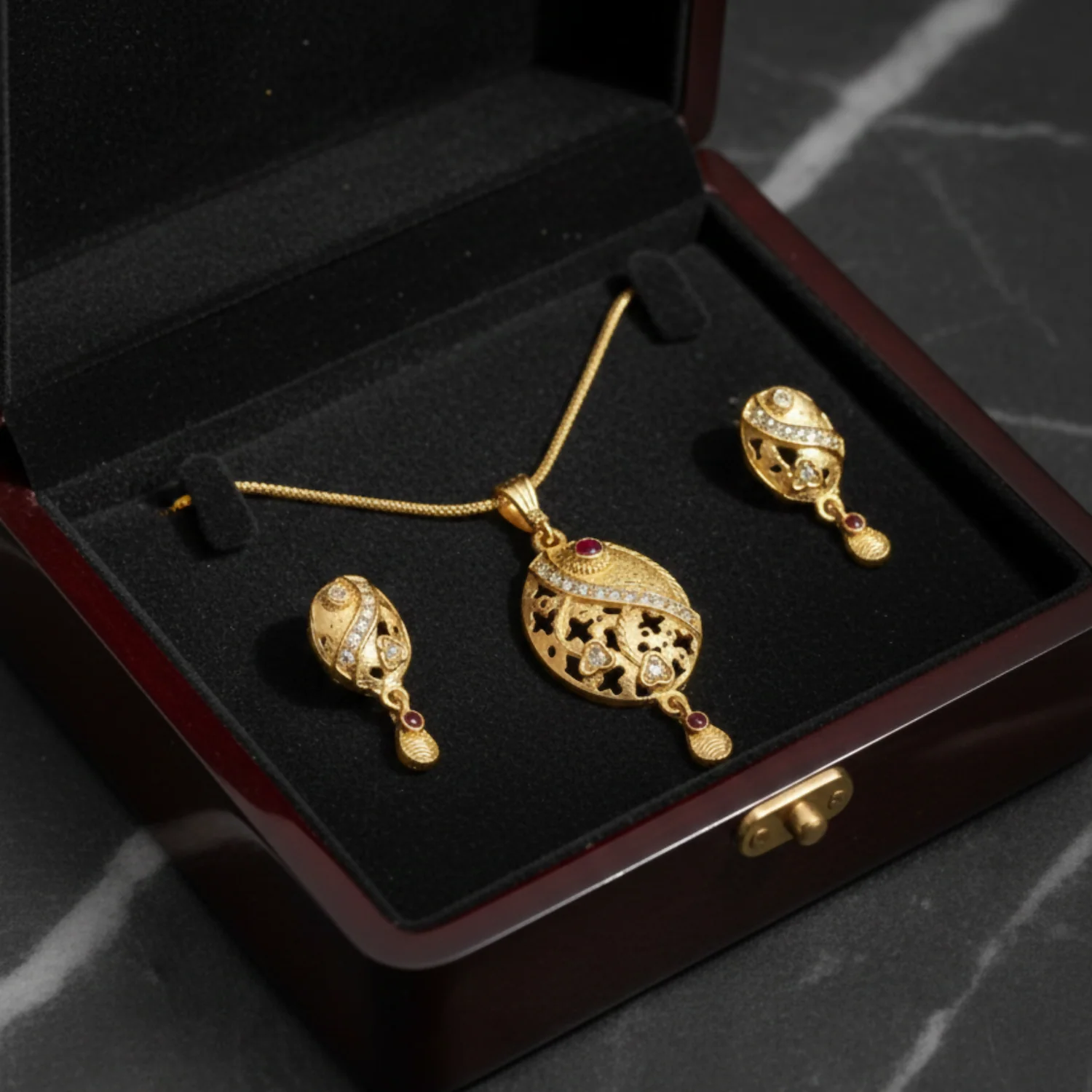 Oval Motif Gold Pendant and Earring Set Elegant Traditional Jewelry Set for Women - Image 7