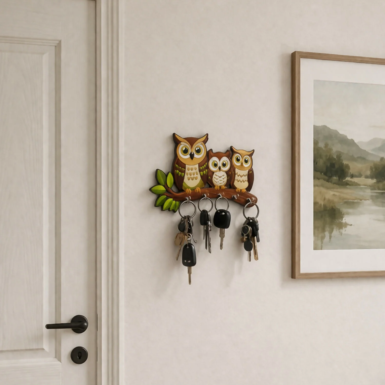 Owl Design Wooden Key Holder for Wall | 5 Hook Decorative Key Stand - Image 2