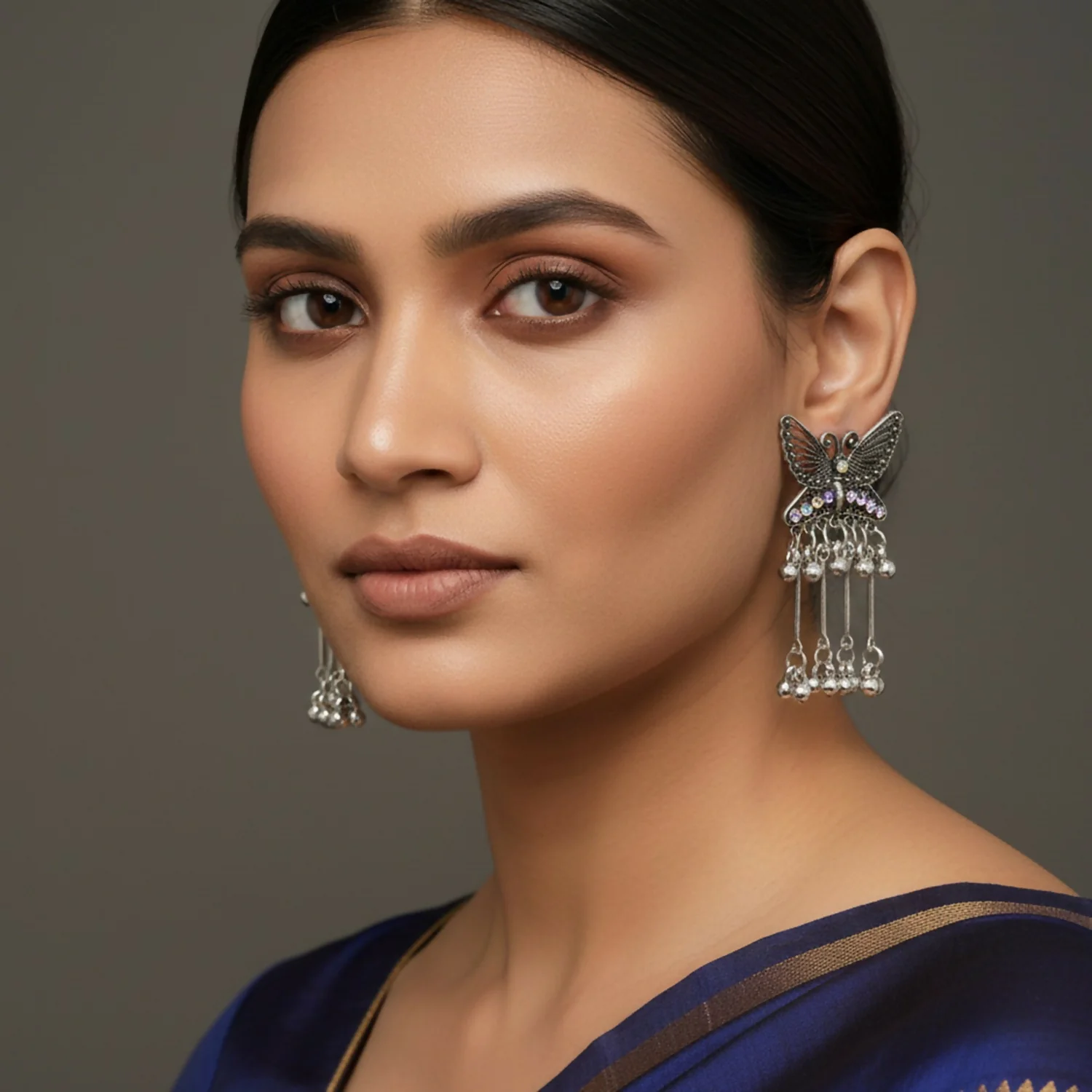 Oxidised Butterfly Drop Jhumka Earings - Image 2