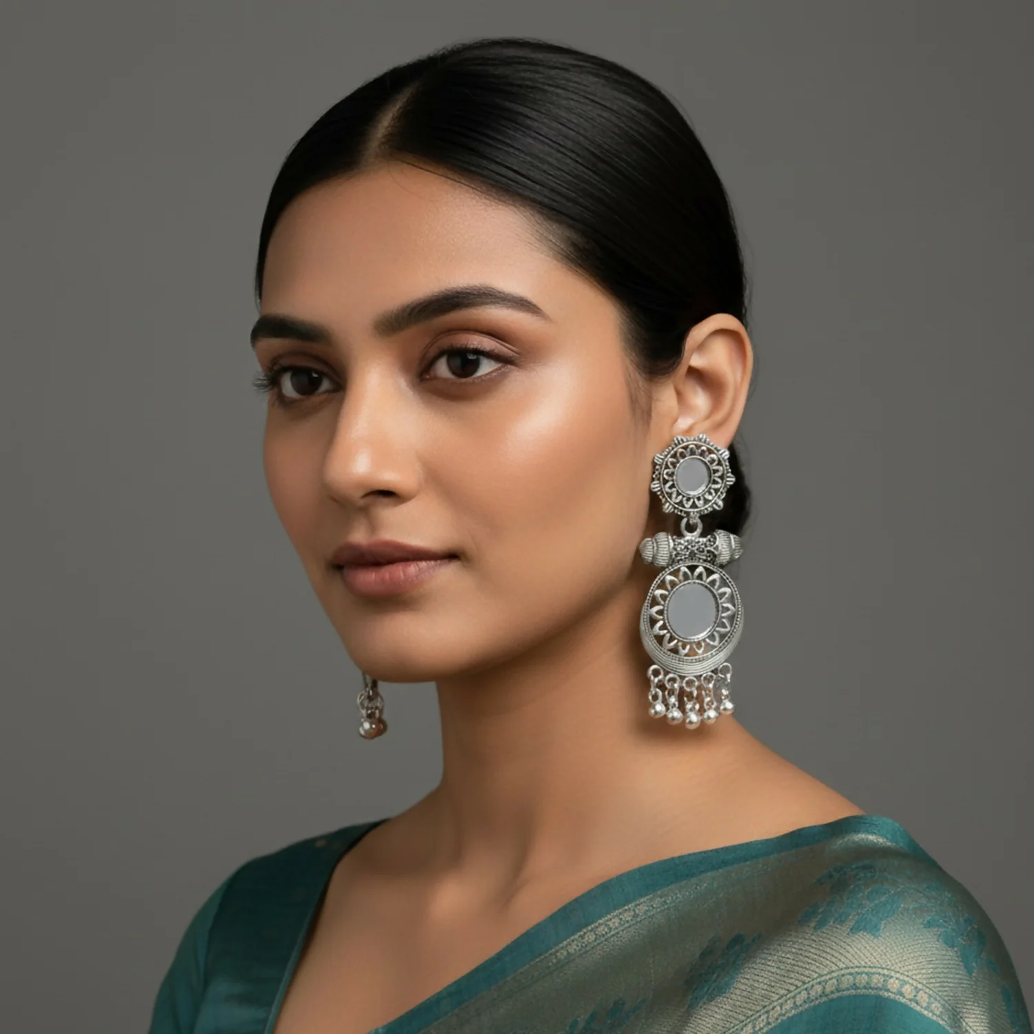 Oxidised Mirror Work Drop Jhumka Earings - Image 2