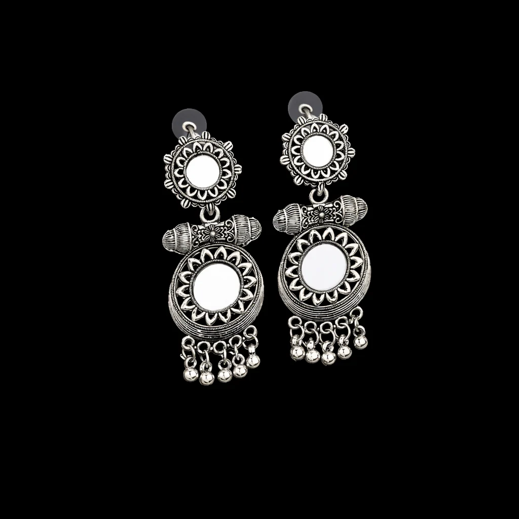 Oxidised Mirror Work Drop Jhumka Earings - Image 3