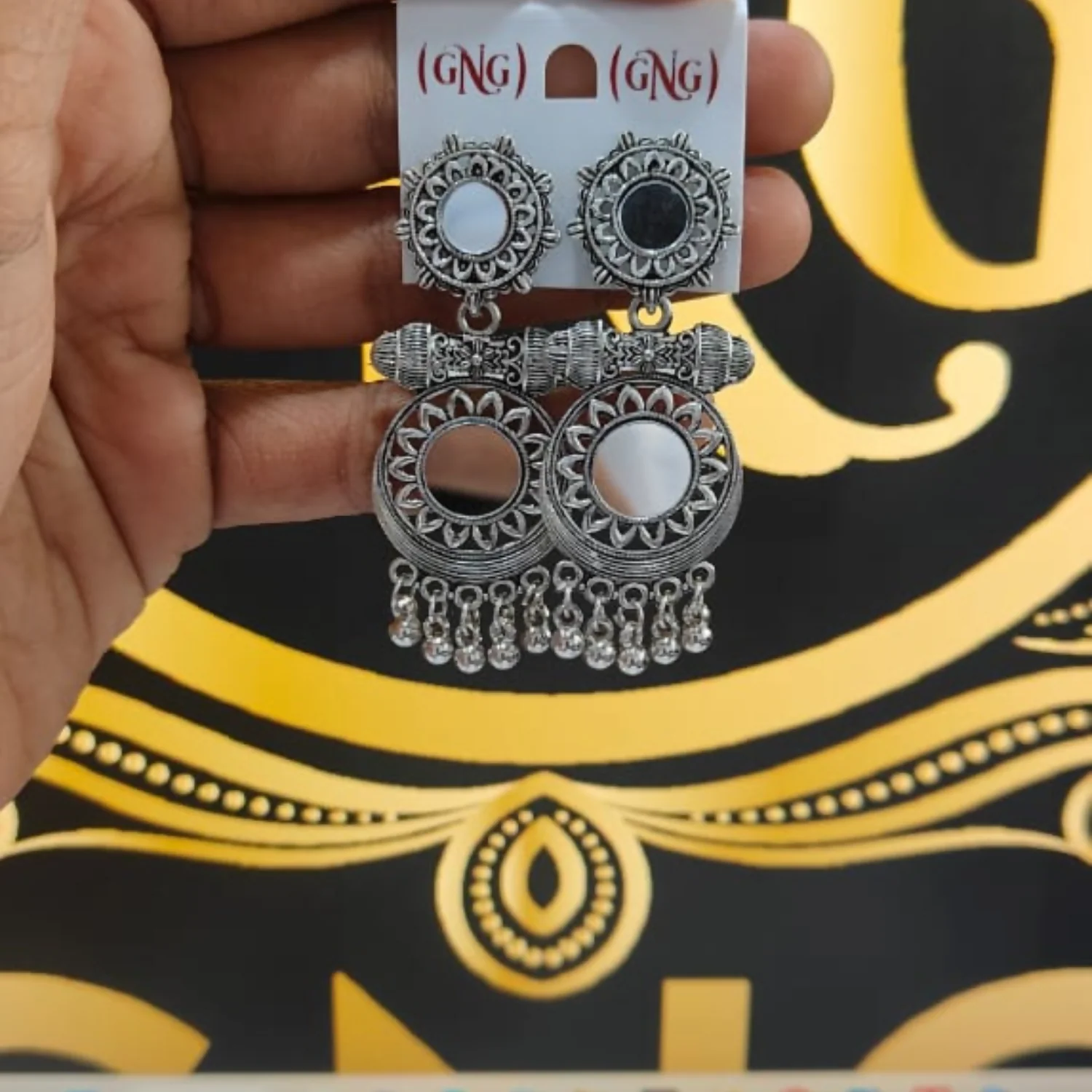 Oxidised Mirror Work Drop Jhumka Earings - Image 4