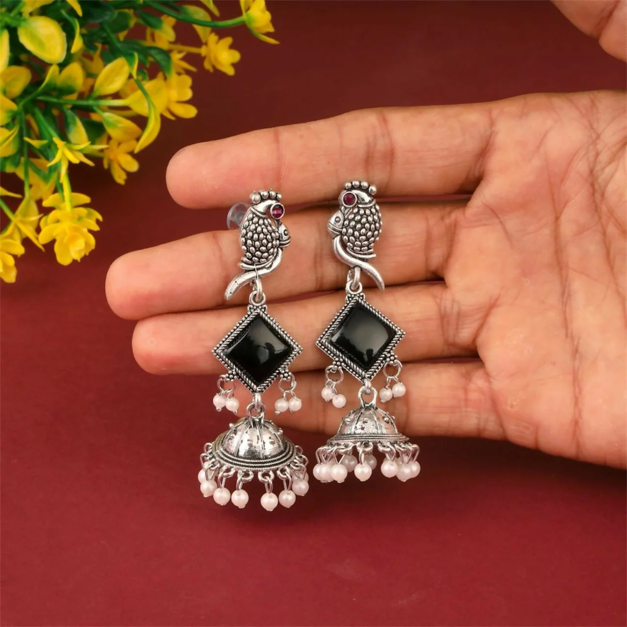 Oxidised Silver Black Stone Parrot Design Jhumka Earrings for Women & Girls - Image 2