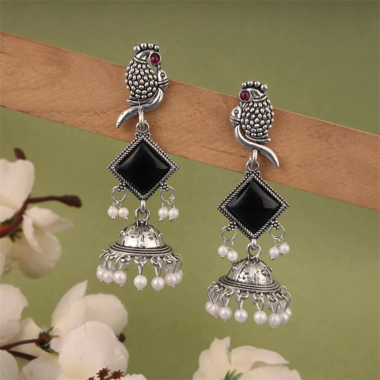 Oxidised Silver Black Stone Parrot Design Jhumka Earrings for Women & Girls - Image 3