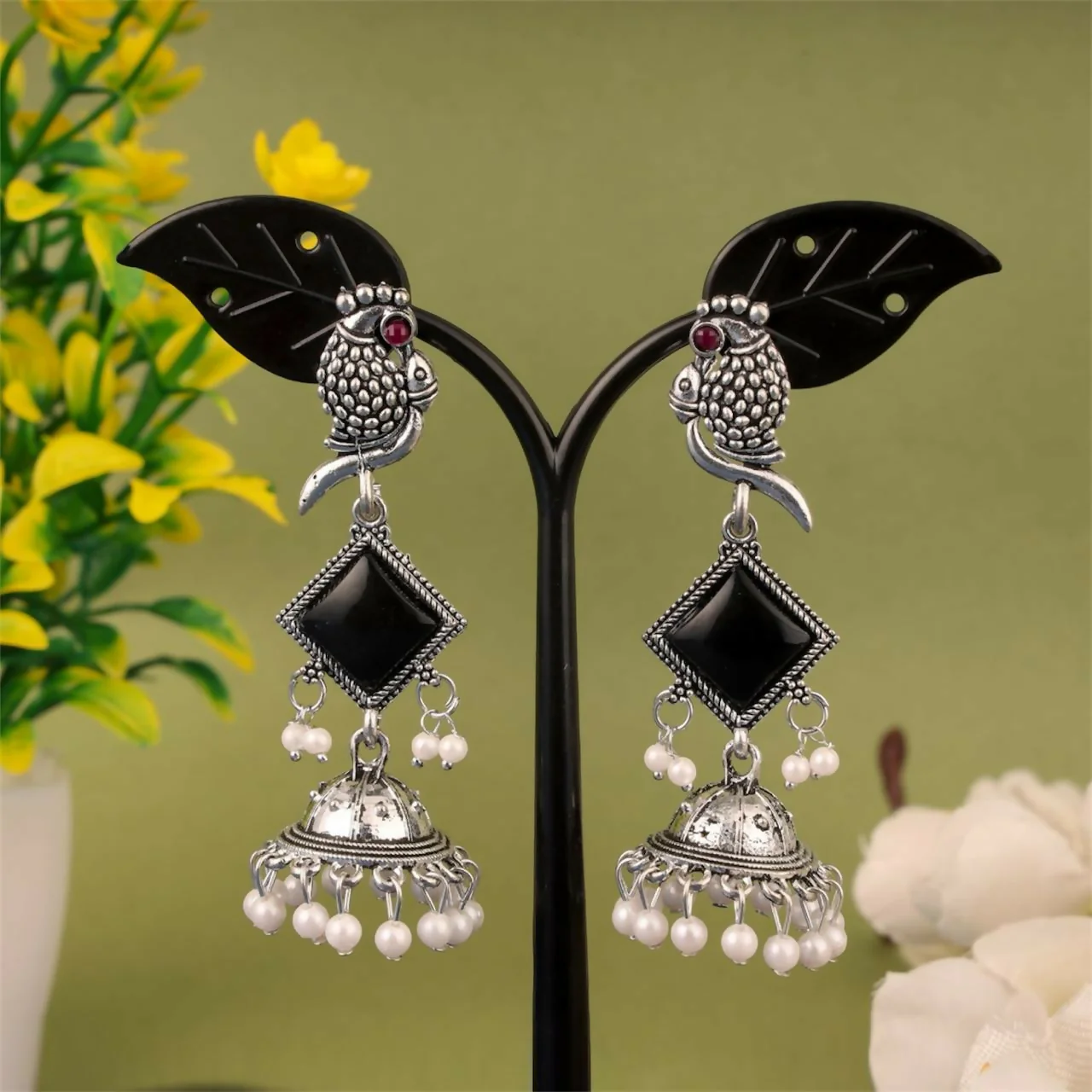 Oxidised Silver Black Stone Parrot Design Jhumka Earrings for Women & Girls - Image 4