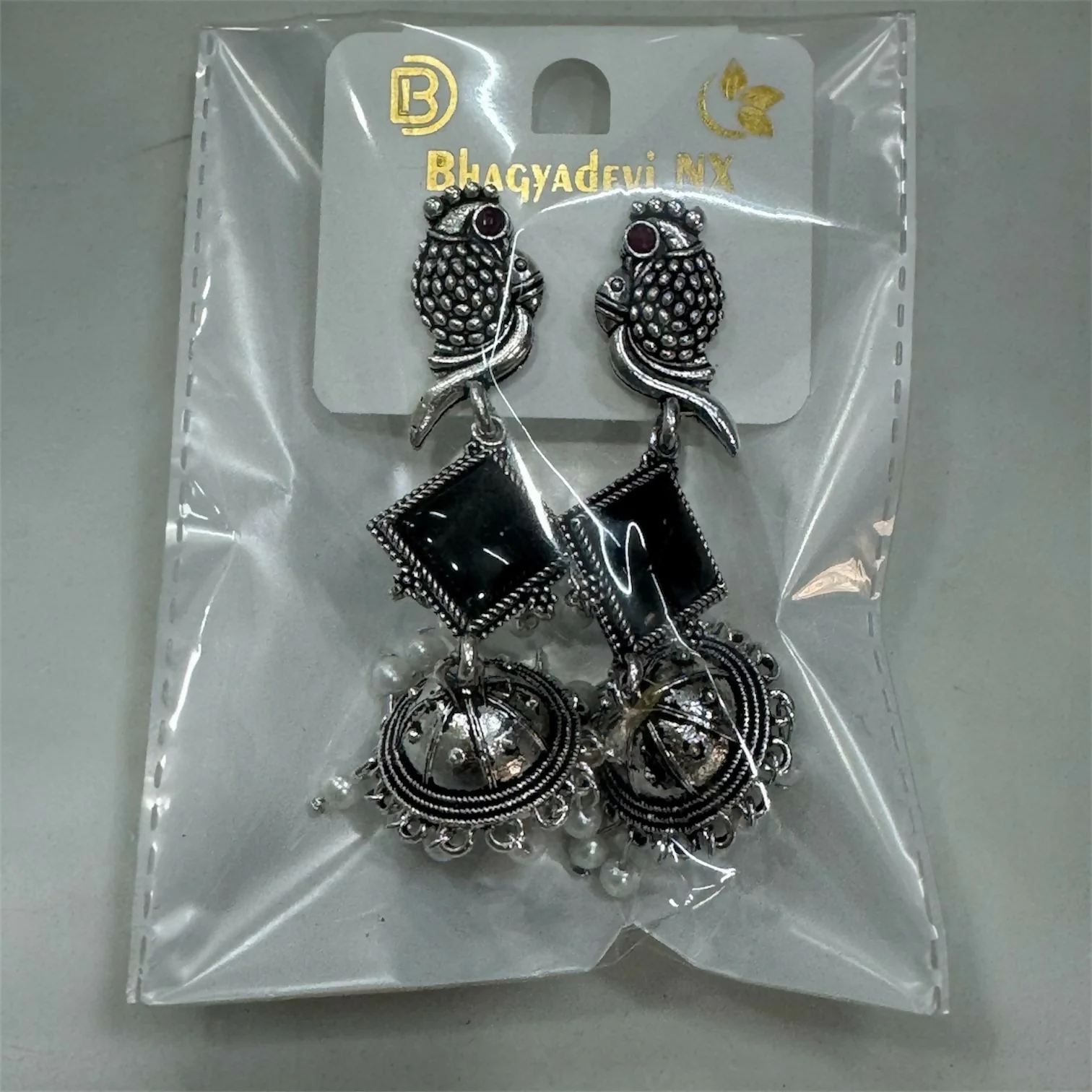 Oxidised Silver Black Stone Parrot Design Jhumka Earrings for Women & Girls - Image 5