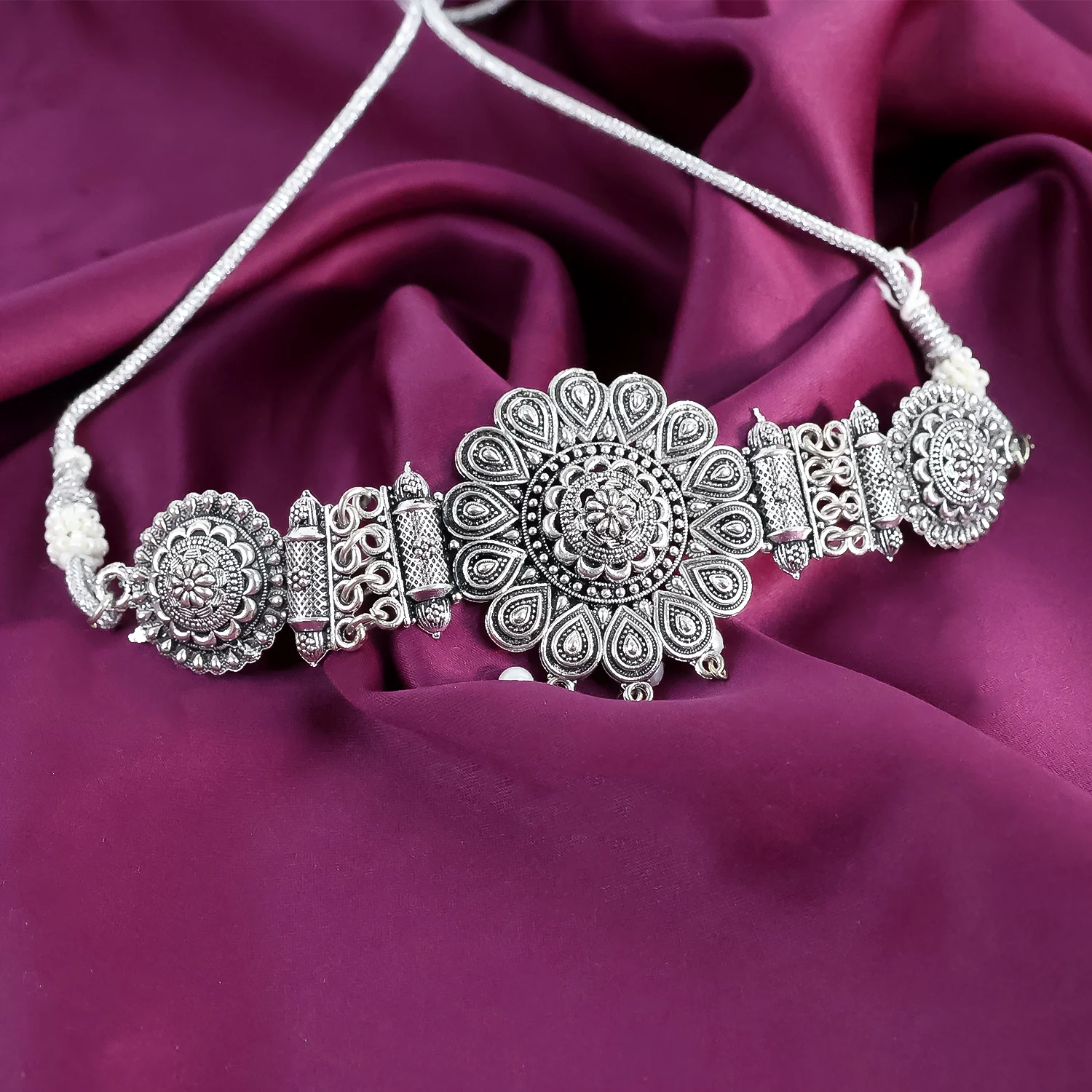 Oxidised Silver Choker With Matching Jhumas Earring For Women - Image 3