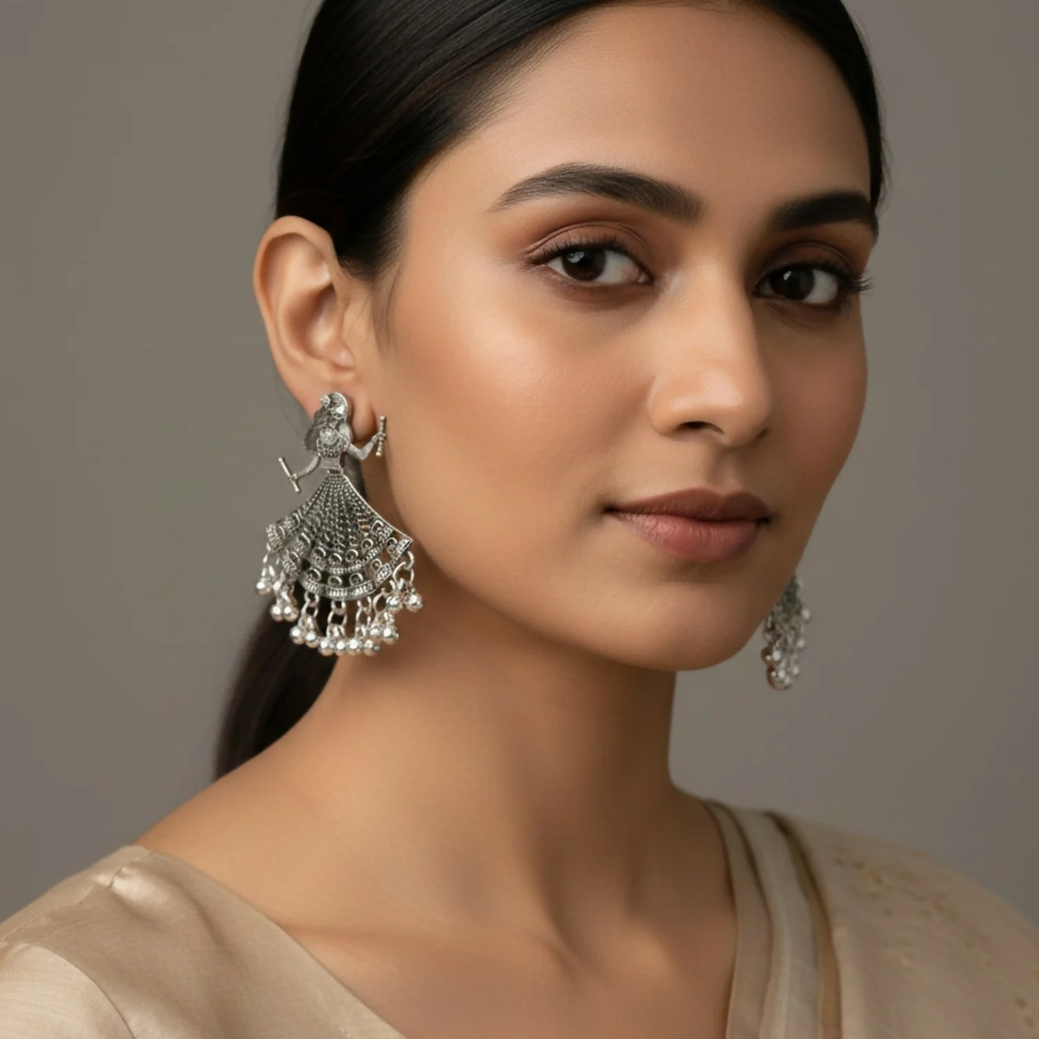 Oxidised Silver Dancing Doll Jhumka Earings - Image 2