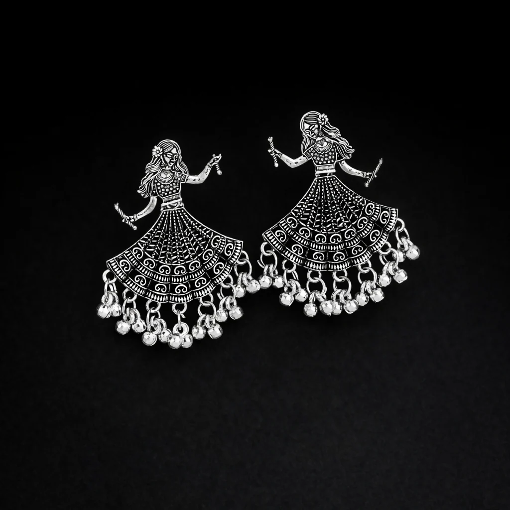 Oxidised Silver Dancing Doll Jhumka Earings - Image 3
