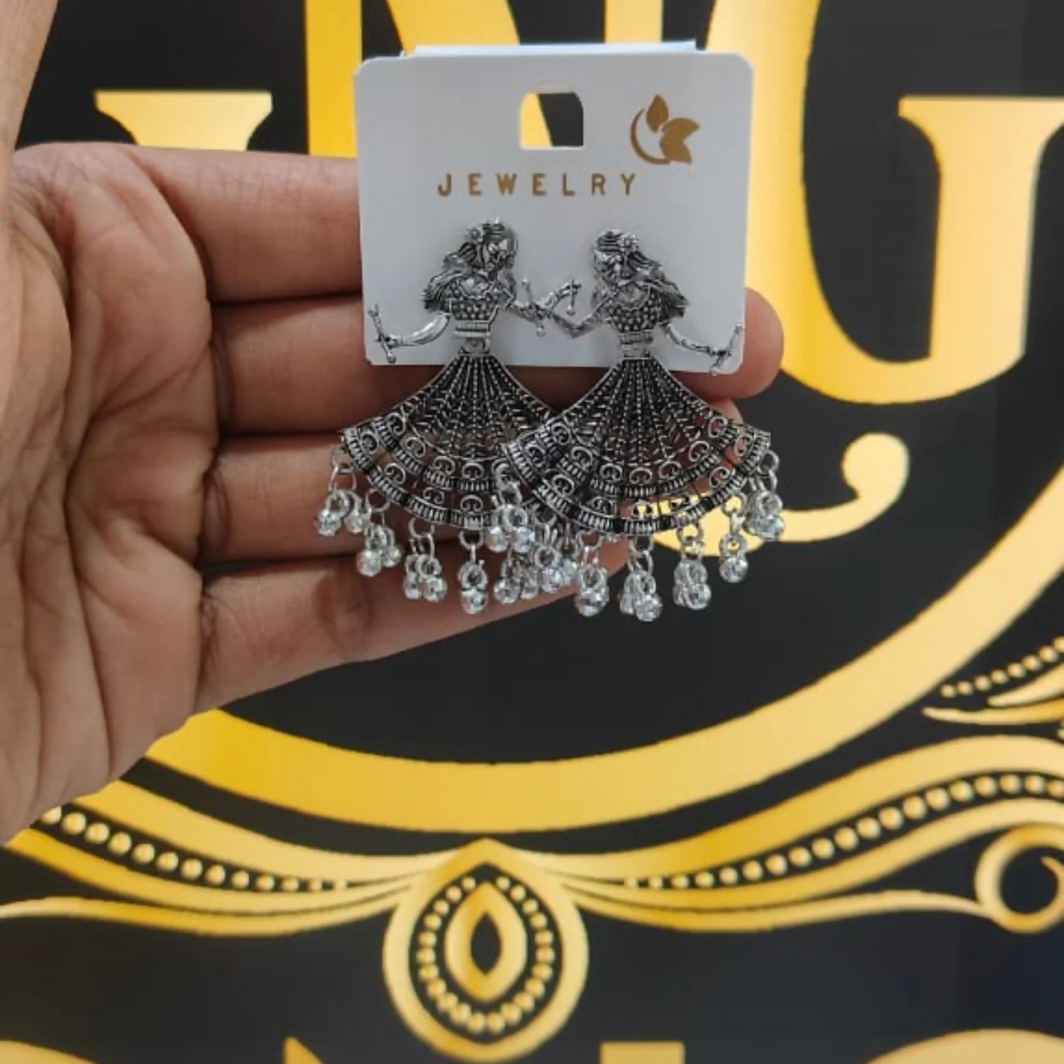 Oxidised Silver Dancing Doll Jhumka Earings - Image 4