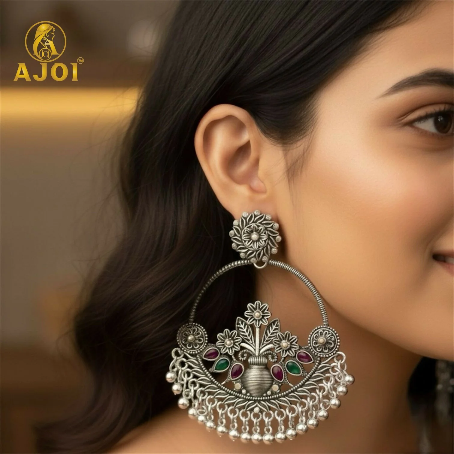 Oxidised Silver Floral Chandbali Earrings with Color Stone Detailing & Ghungroo Drops - Image 2