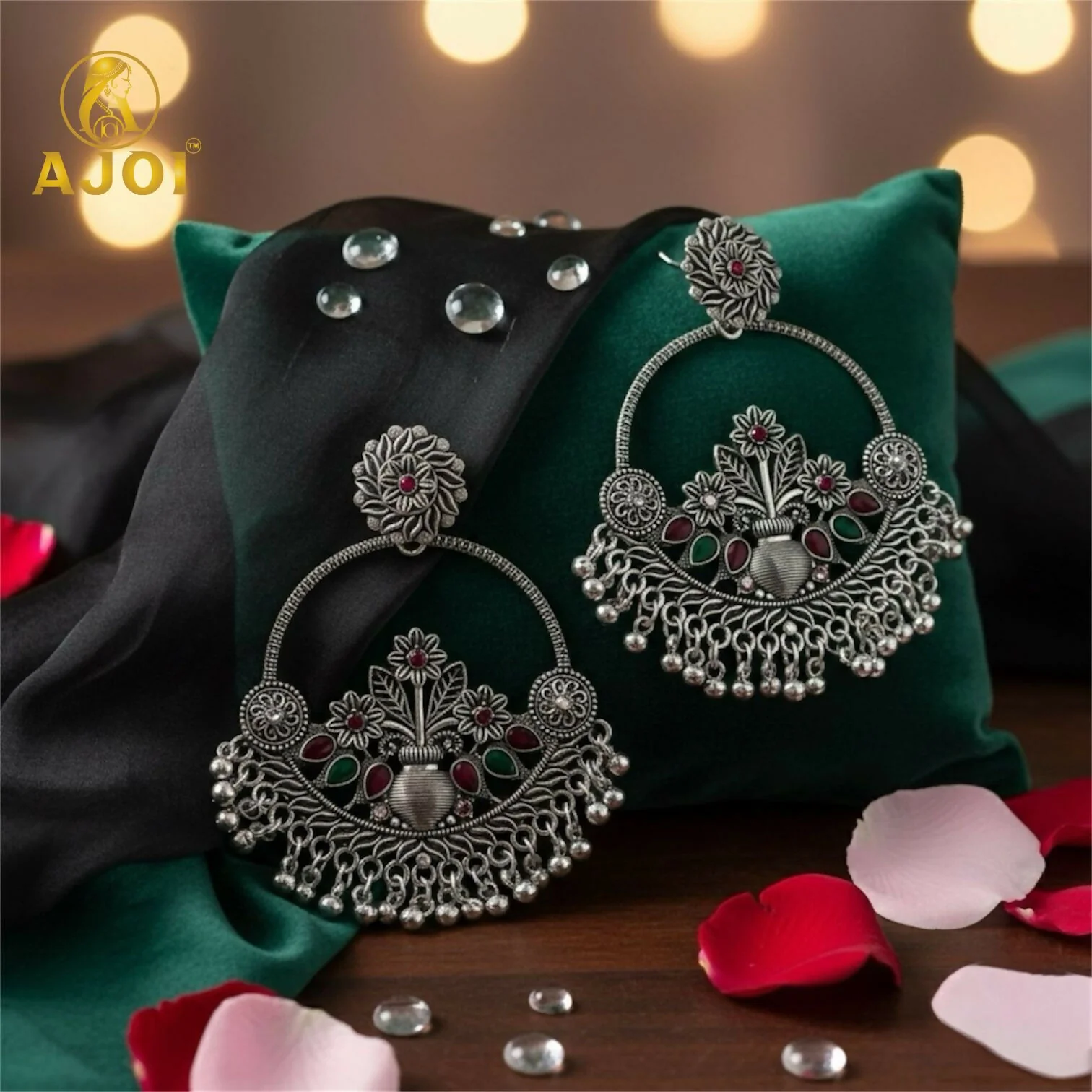 Oxidised Silver Floral Chandbali Earrings with Color Stone Detailing & Ghungroo Drops - Image 3
