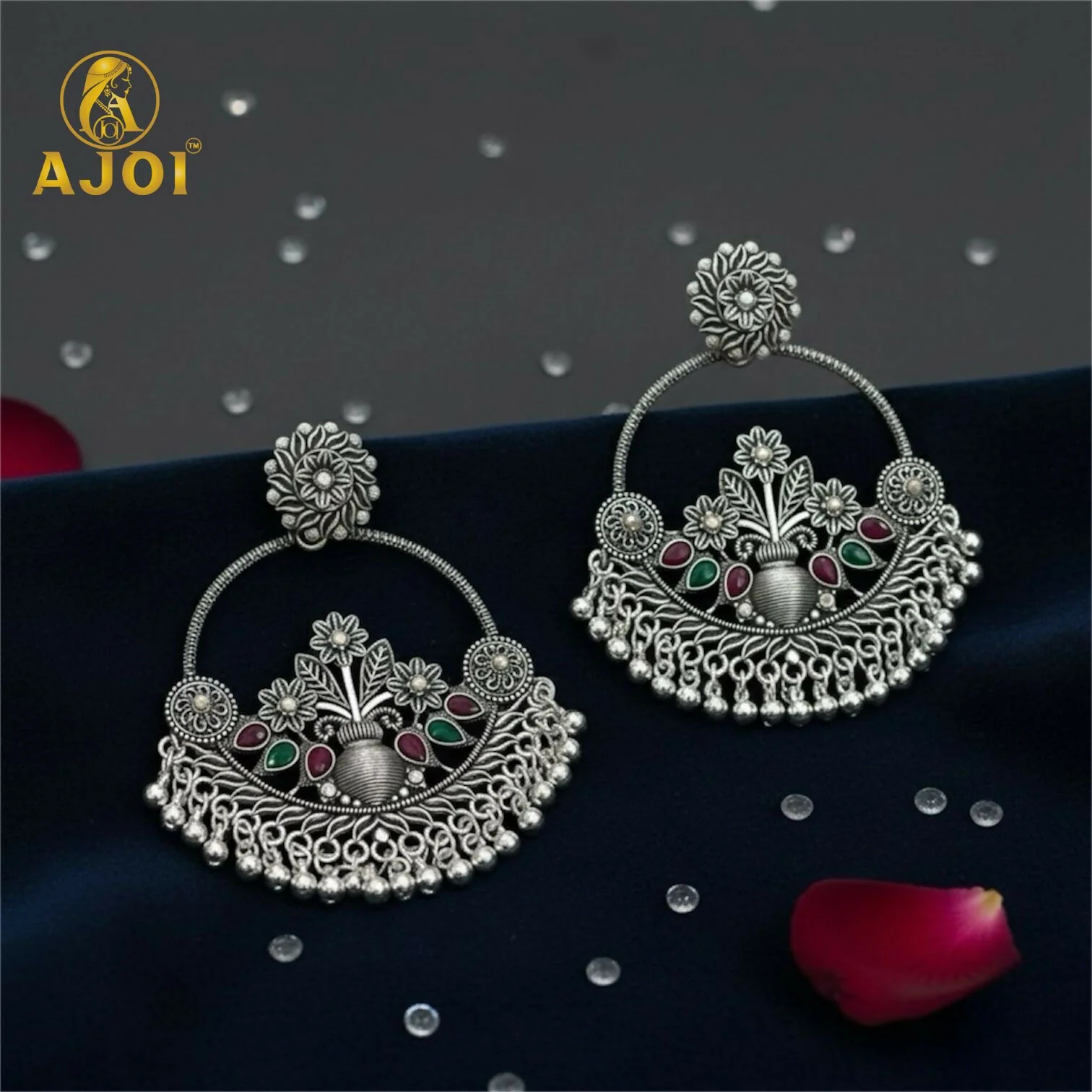 Oxidised Silver Floral Chandbali Earrings with Color Stone Detailing & Ghungroo Drops - Image 4