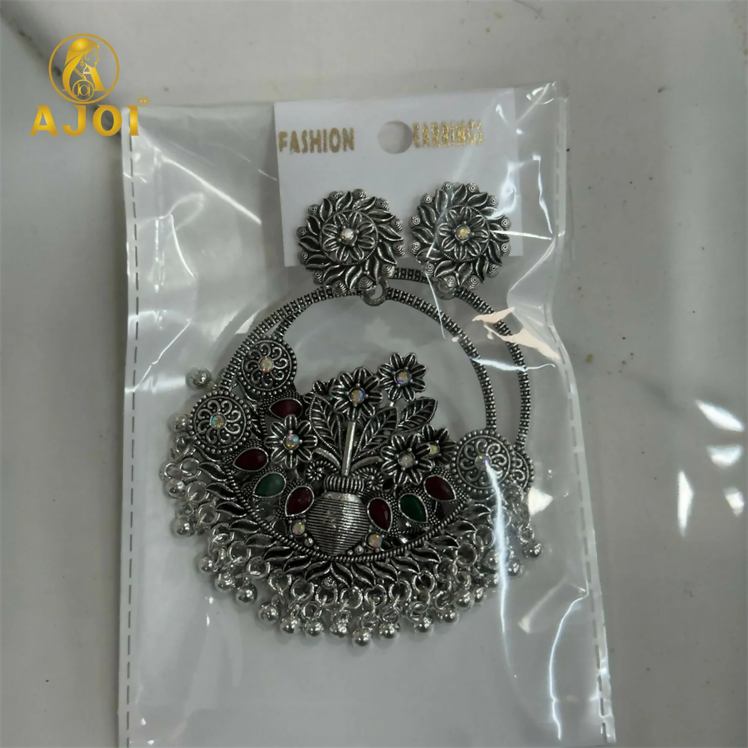 Oxidised Silver Floral Chandbali Earrings with Color Stone Detailing & Ghungroo Drops - Image 6