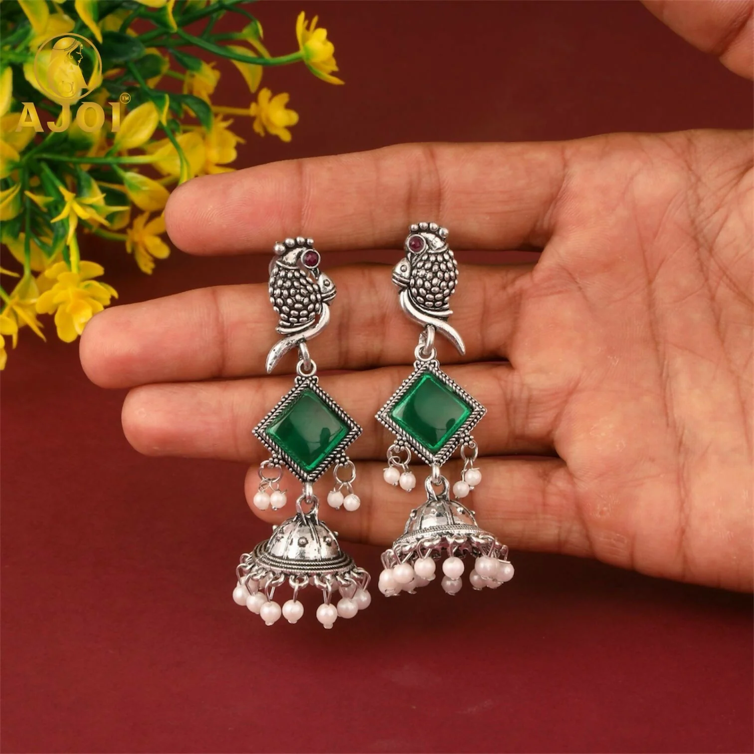 Oxidised Silver Green Stone Parrot Design Jhumka Earrings for Women & Girls - Image 3